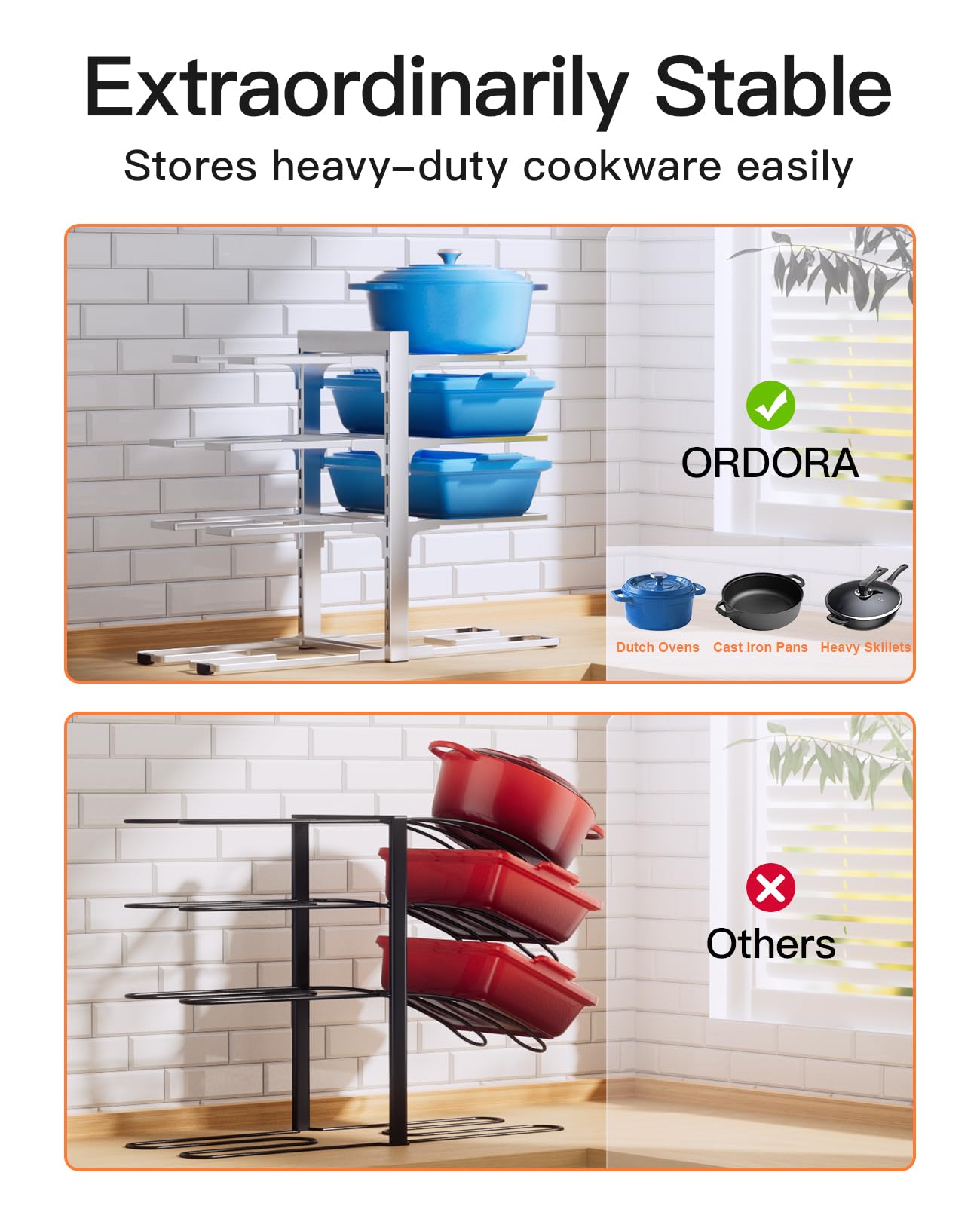 ORDORA Pots and Pans Organizer for Cabinet 16.61 Height, 8 Tier Pot Organizers Rack with 3 DIY Methods, Adjustable Pan Organizer under Cabinet Kitchen Organization and Storage