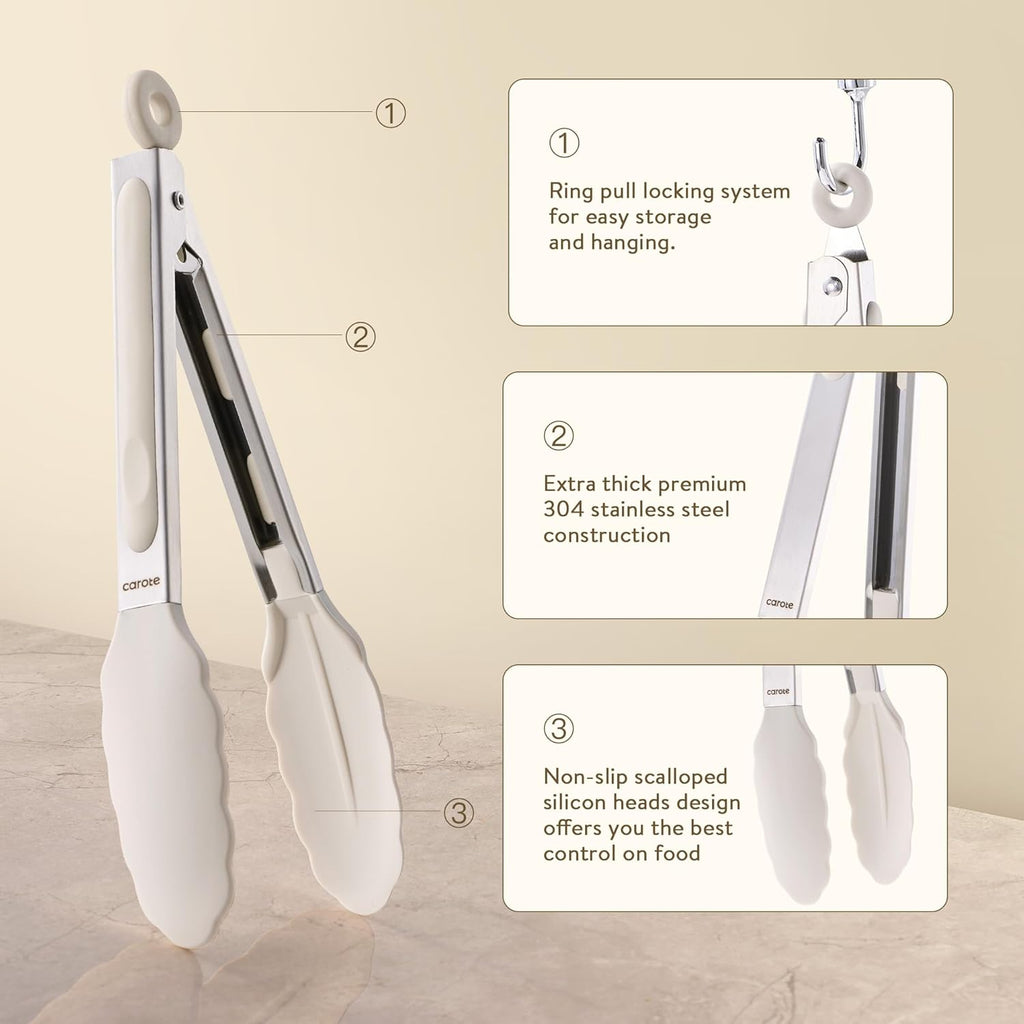 CAROTE Tongs for Cooking Heat Resistant Stainless Steel Kitchen Tongs with Non Scratch Silicone Tips, Perfect for Nonstick Cookware, BBQ Tongs Set of 3 (7"+9"+12")