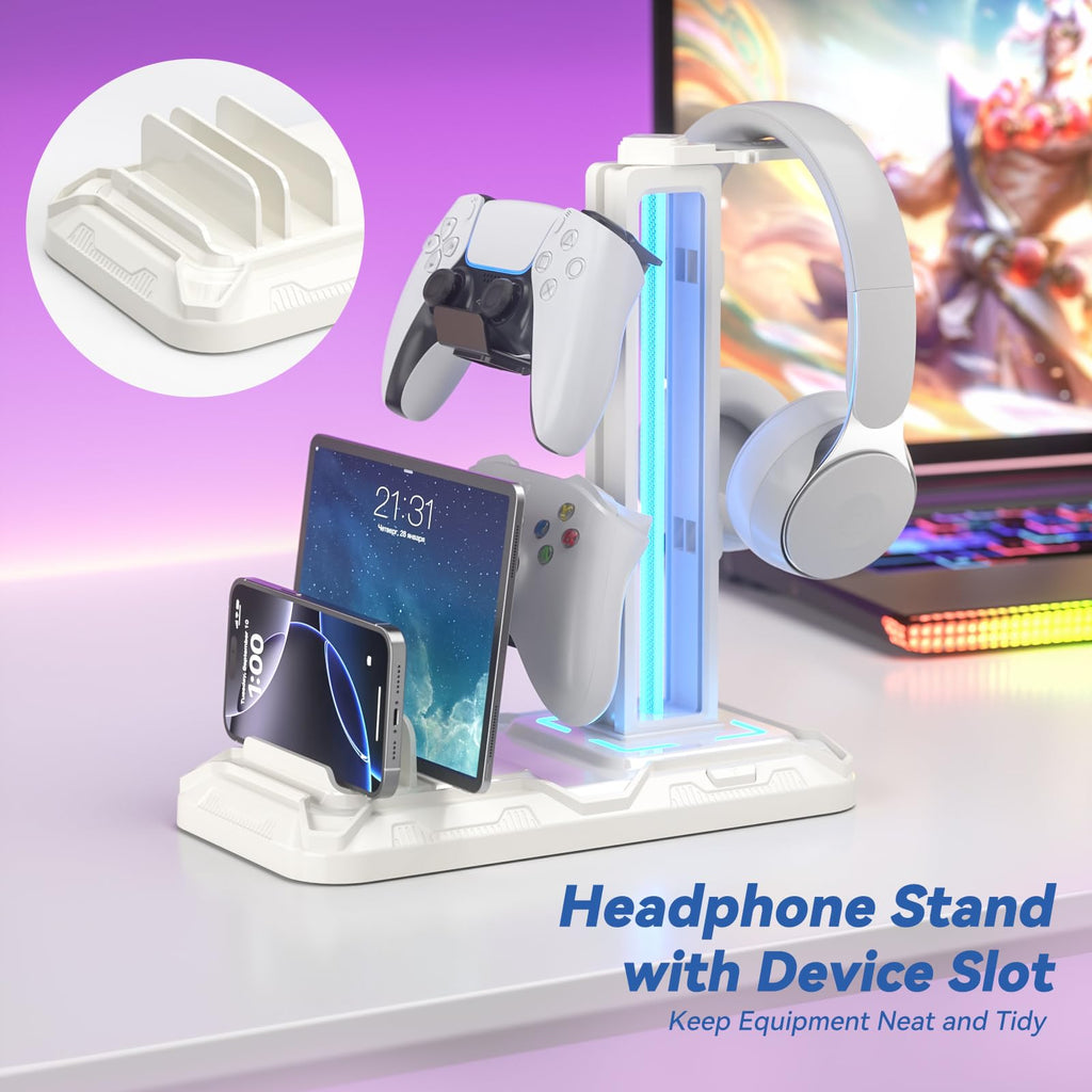 KDD Headset Stand with Charging Station - Detachable Controller Holder with 9 Light Modes - Rotatable Headphone Hanger with USB A&C Charger Ports - Earphone Hook for PC Gaming Accessories Storage