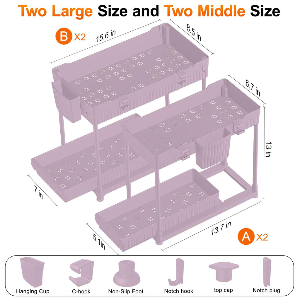4 Pack Under Sink Organizer, Bathroom Organizers and Storage, 2 Tier Multi-Use Pull Out Cabinet Organizer with Hang Hooks and Cups (Black, 4 Pack)