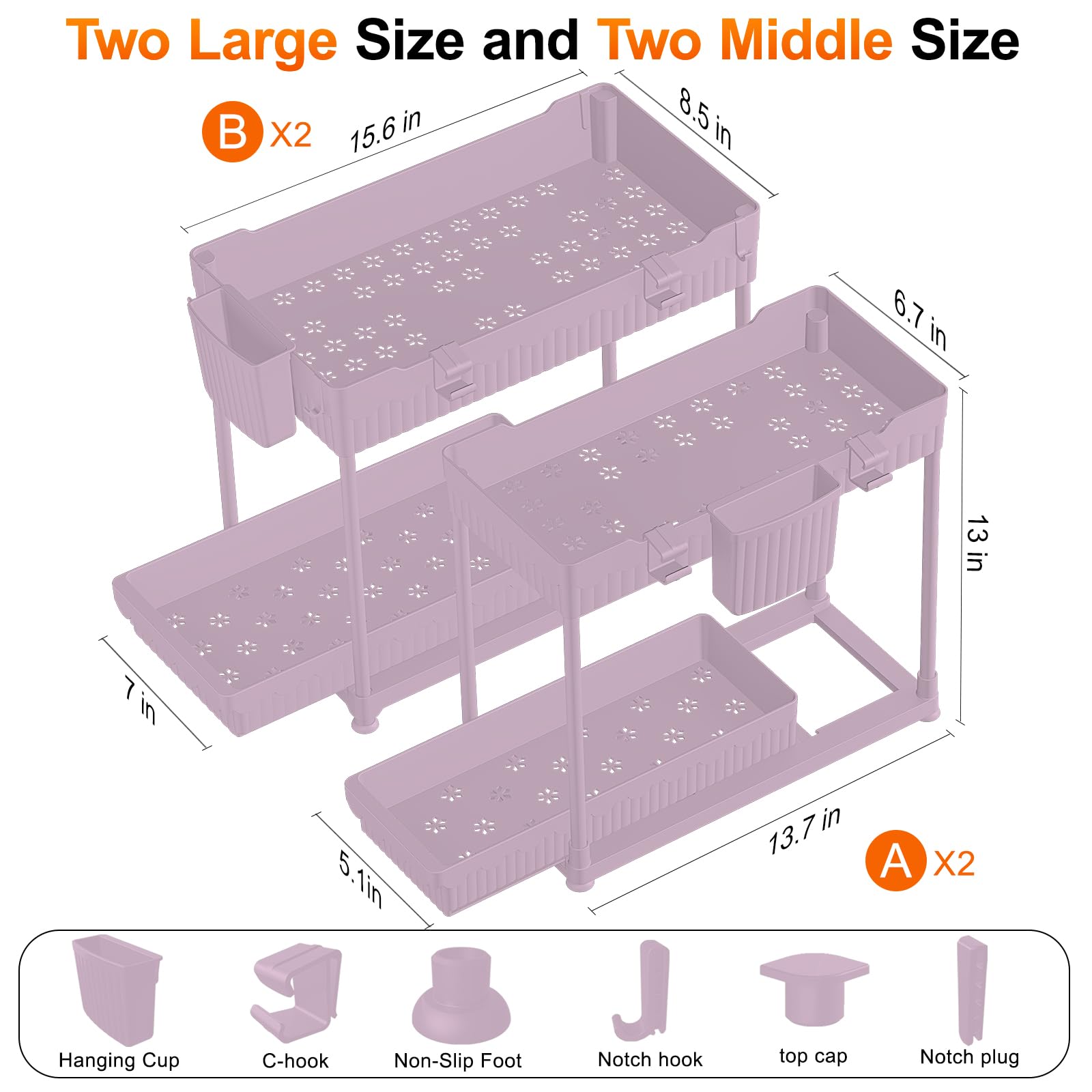 4 Pack Under Sink Organizer, Bathroom Organizers and Storage, 2 Tier Multi-Use Pull Out Cabinet Organizer with Hang Hooks and Cups (Black, 4 Pack)