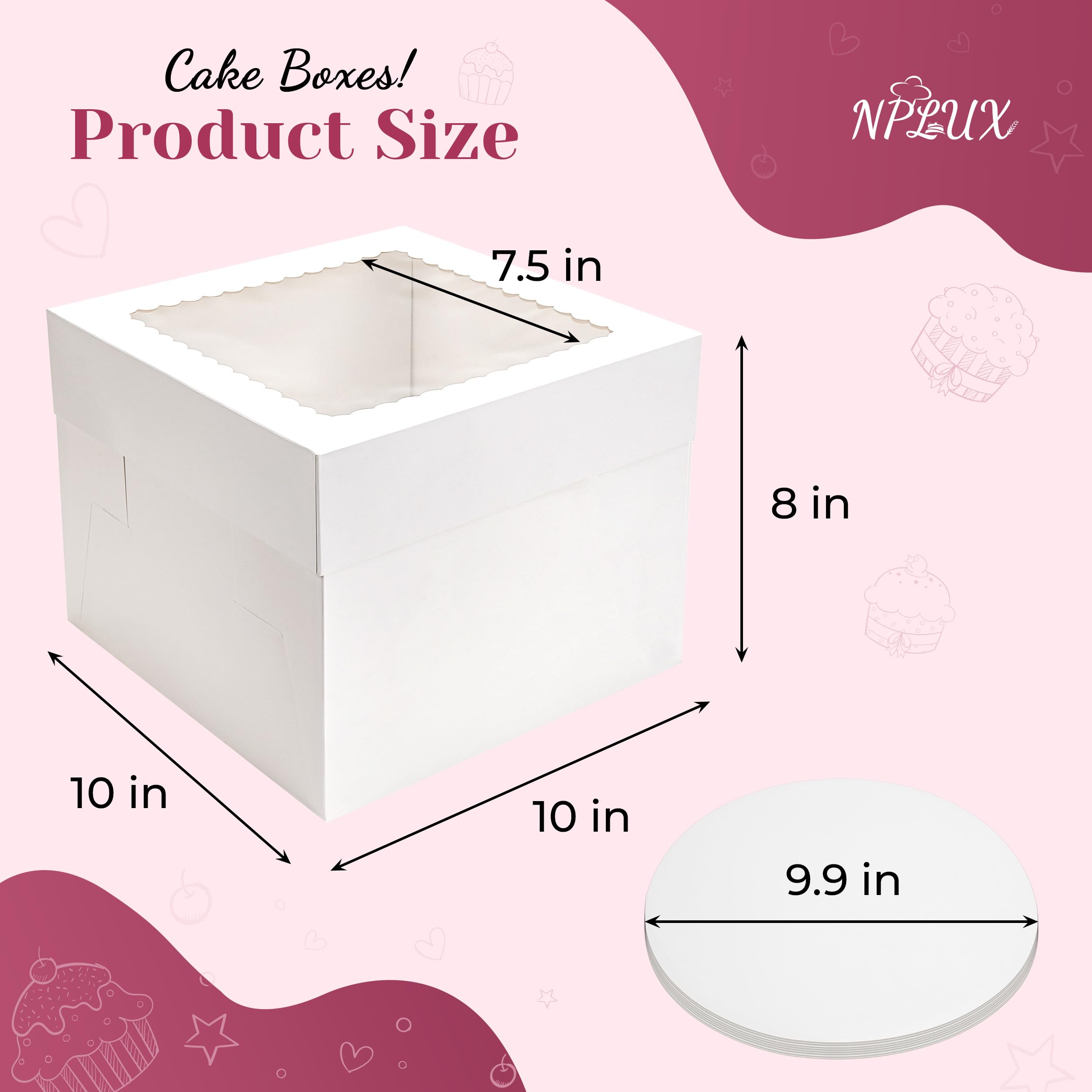 Cake Boxes 10×10×8 inch White Tall Cake Boxes with Window Cajas Para Pasteles for Cakes, Pies, Pastries, Birthday, Party (2 Pack)