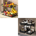 2 Pack Under Sink Organizer and 2 Tier Fruit Basket for Kitchen with 2 Banana Hangers