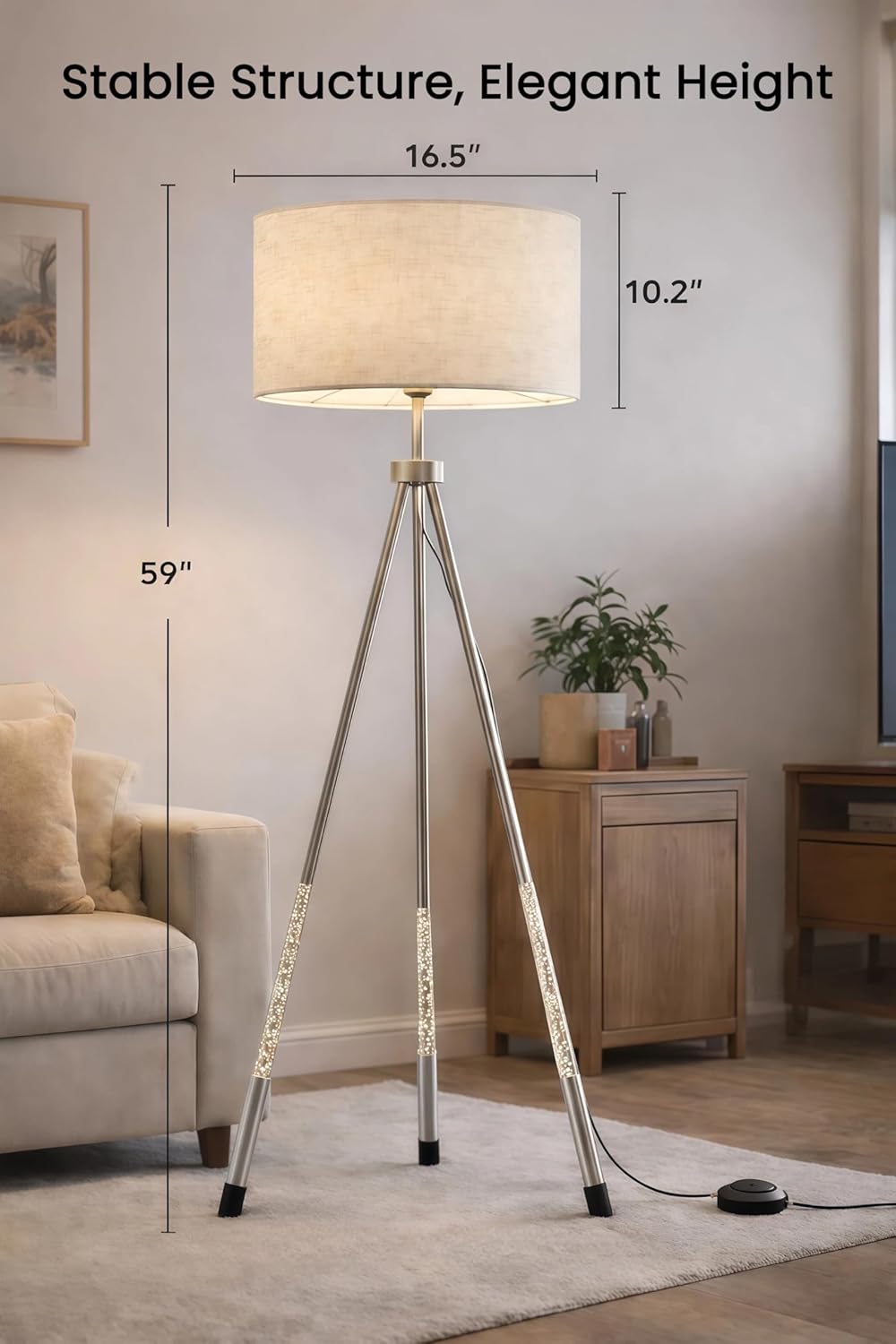 JOOFO Modern Metal Tripod Floor Lamp with Remote, Dimmable Tall Standing Corner Lamp with Oversized Linen Shade & Foot Switch for Living Room, Bedroom