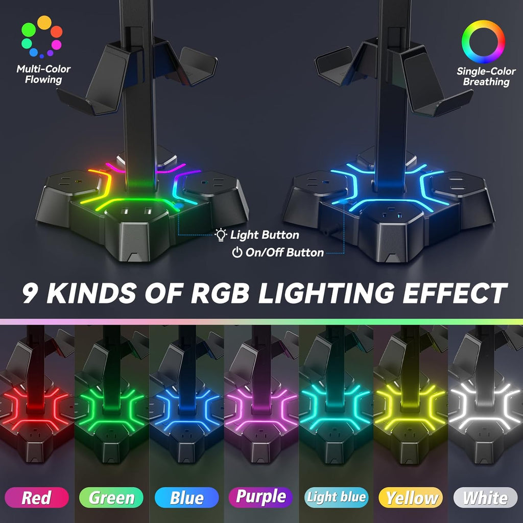KDD Headphone Stand & Controller Holder for Desk & RGB Headphone Stand with USB Charger - Headphone Holder with 2 USB Charging Ports and 3 AC Outlets
