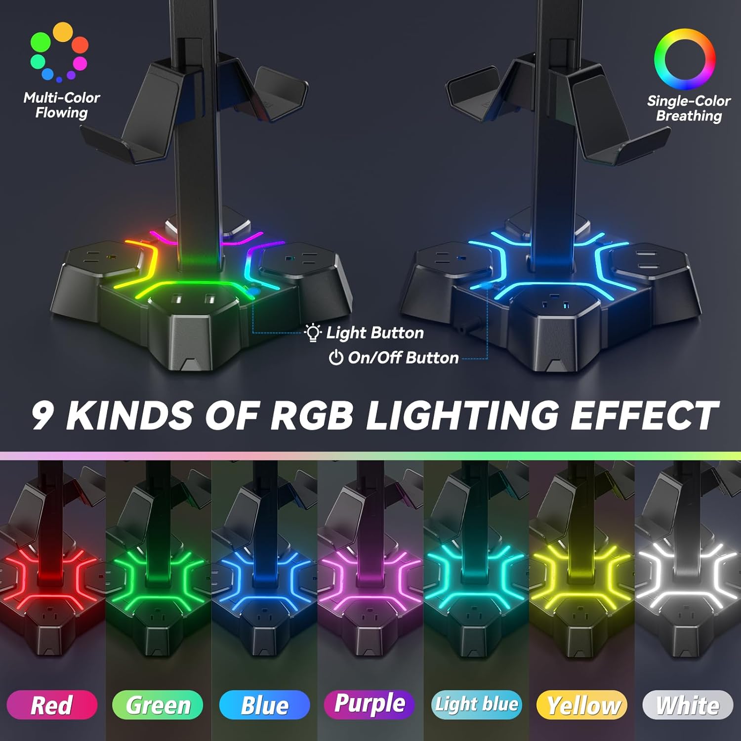 KDD Headphone Stand & Controller Holder for Desk & RGB Headphone Stand with USB Charger - Headphone Holder with 2 USB Charging Ports and 3 AC Outlets