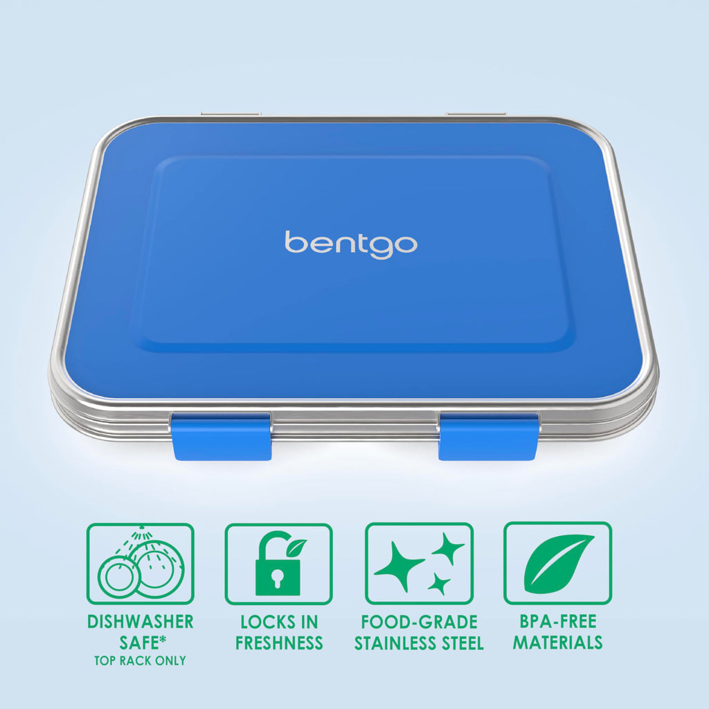 Bentgo Kids Stainless Steel Leak-Resistant Lunch Box - 3-Compartments with Bonus Silicone Container, Durable, Eco-Friendly, Dishwasher Safe, BPA-Free, Ideal for School, Ages 3+ (Blue)