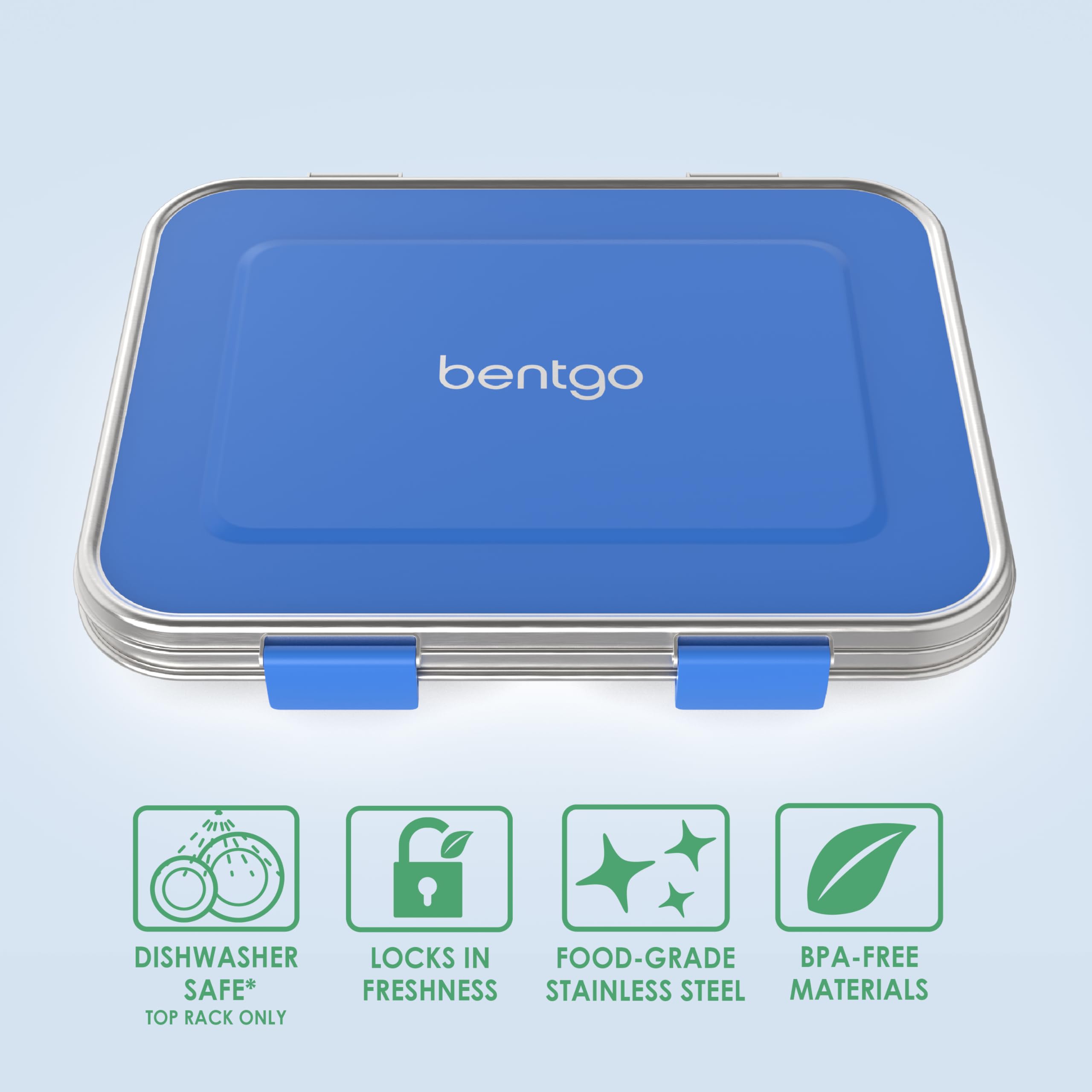 Bentgo Kids Stainless Steel Leak-Resistant Lunch Box - 3-Compartments with Bonus Silicone Container, Durable, Eco-Friendly, Dishwasher Safe, BPA-Free, Ideal for School, Ages 3+ (Blue)