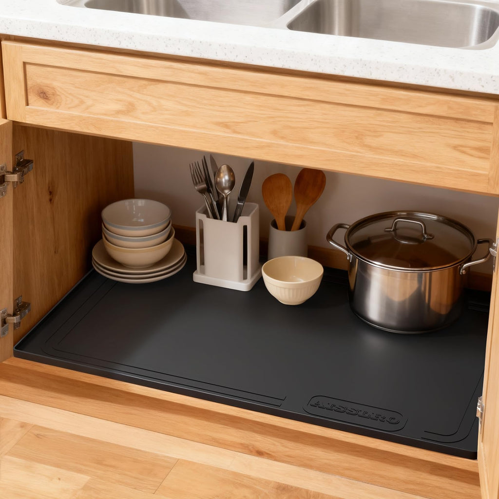 Aisslro Under Sink Mat 22" X 19", Waterproof Silicone Cabinet Protector with Raised Edge, Kitchen & Bathroom Leak Tray, Shelf Liner & Pet Feeding Mat for Dog Cat Food Mats, Light Gray