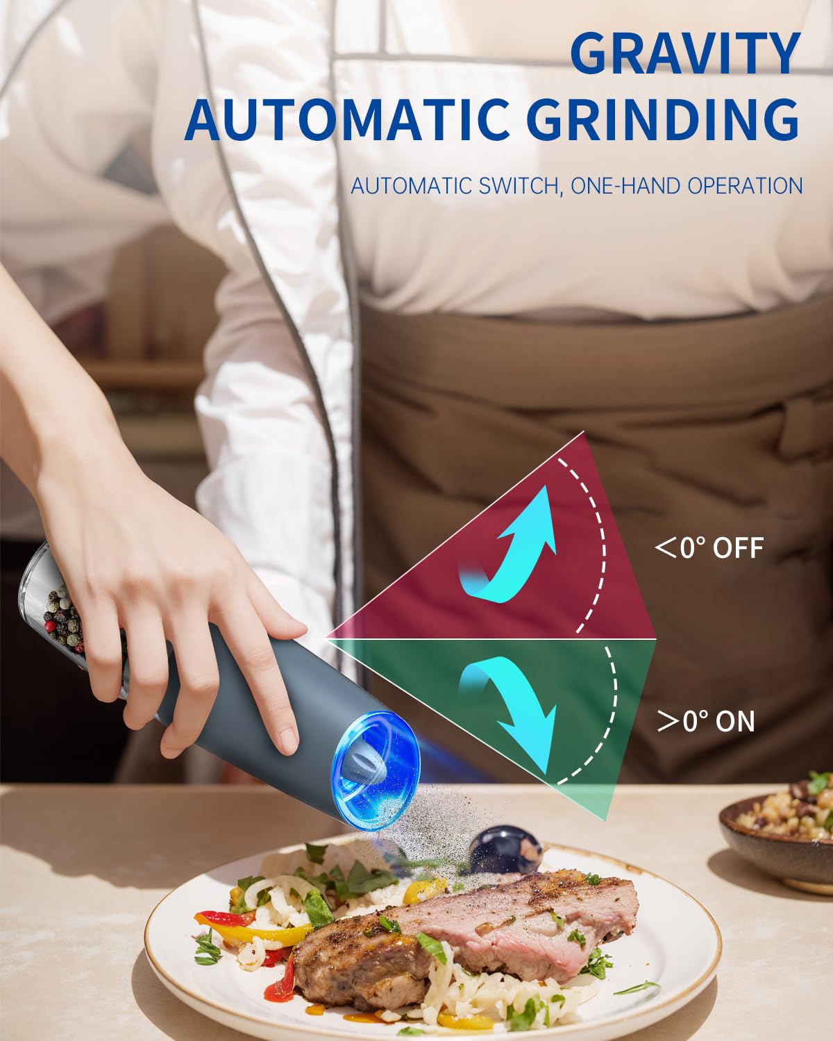 CIRCLE JOY Rechargeable Salt and Pepper Grinder Set Gravity Electric Salt and Pepper Grinder Set, LED Light, Adjustable Coarseness, for Home Kitchen BBQ, Black & White