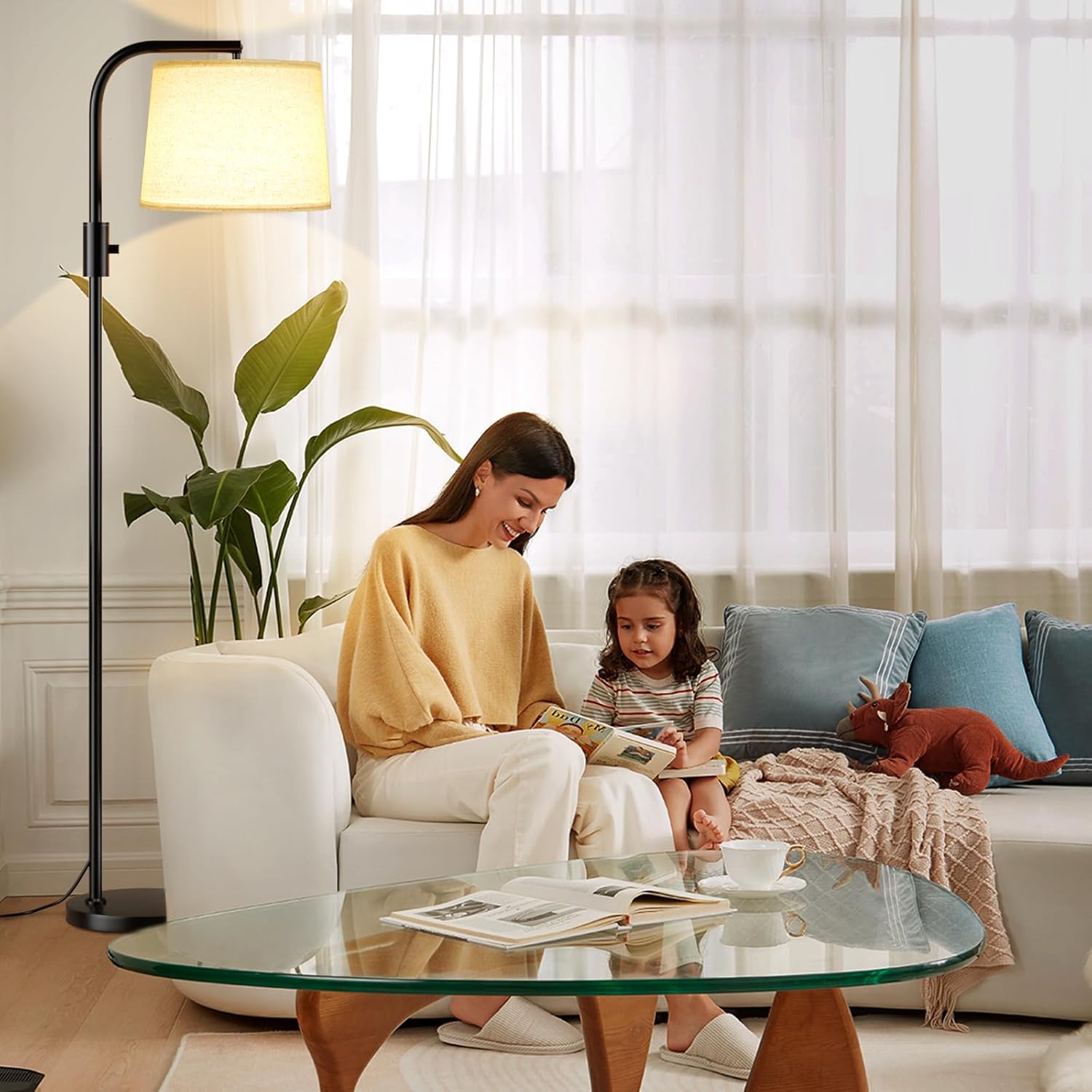 Ambimall Floor Lamps with one Beige Shade and one White Shade for Living Room Bedroom