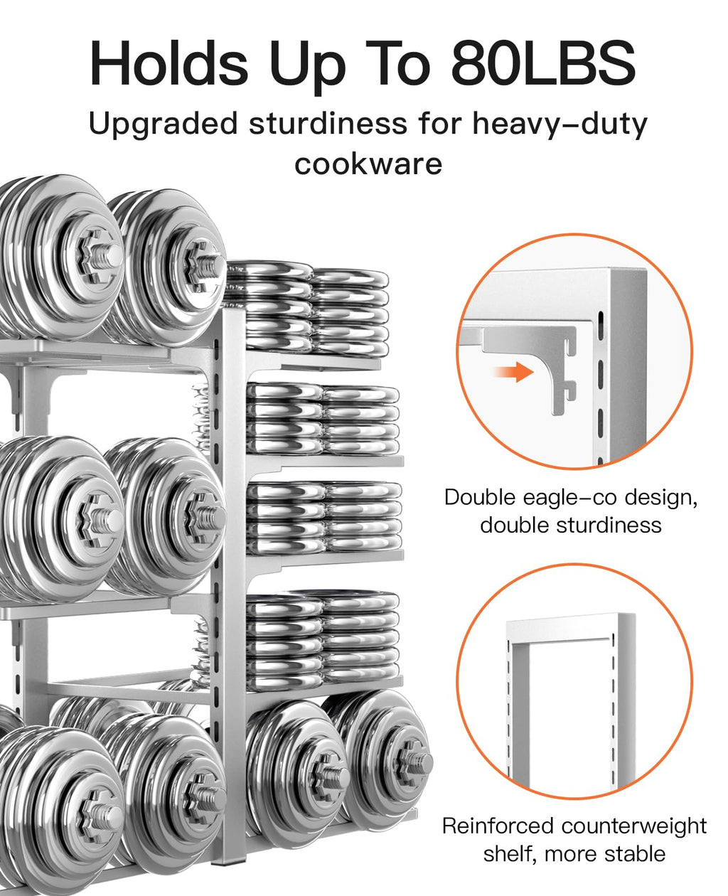 ORDORA Pots and Pans Organizer for Cabinet 16.61 Height, 8 Tier Pot Organizers Rack with 3 DIY Methods, Adjustable Pan Organizer under Cabinet Kitchen Organization and Storage