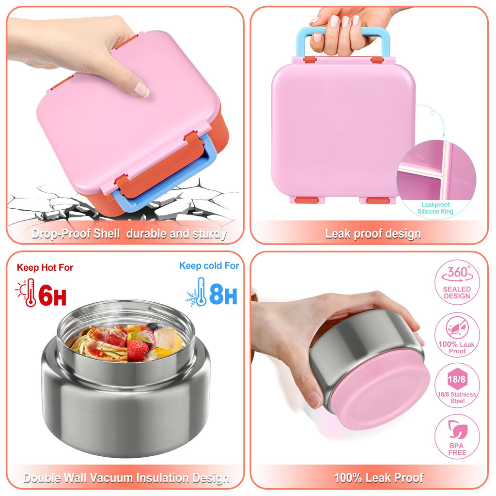 Kids Bento Lunch Box with 9oz Soup Thermo Leakproof Lunch Food Containers 4 Compartment with Insulated Hot Food Jar for Kid Toddler Girls Boys to School Trvael