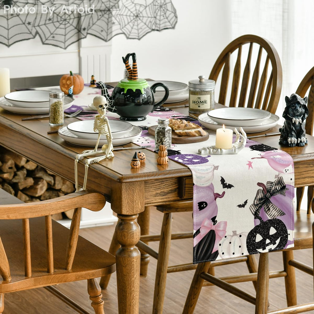 Artoid Mode Pink Jack-O-Lantern Pumpkin Bat Halloween Table Runner, Holiday Kitchen Dining Table Decoration for Indoor Outdoor Home Party Decor 13 x 72 Inch