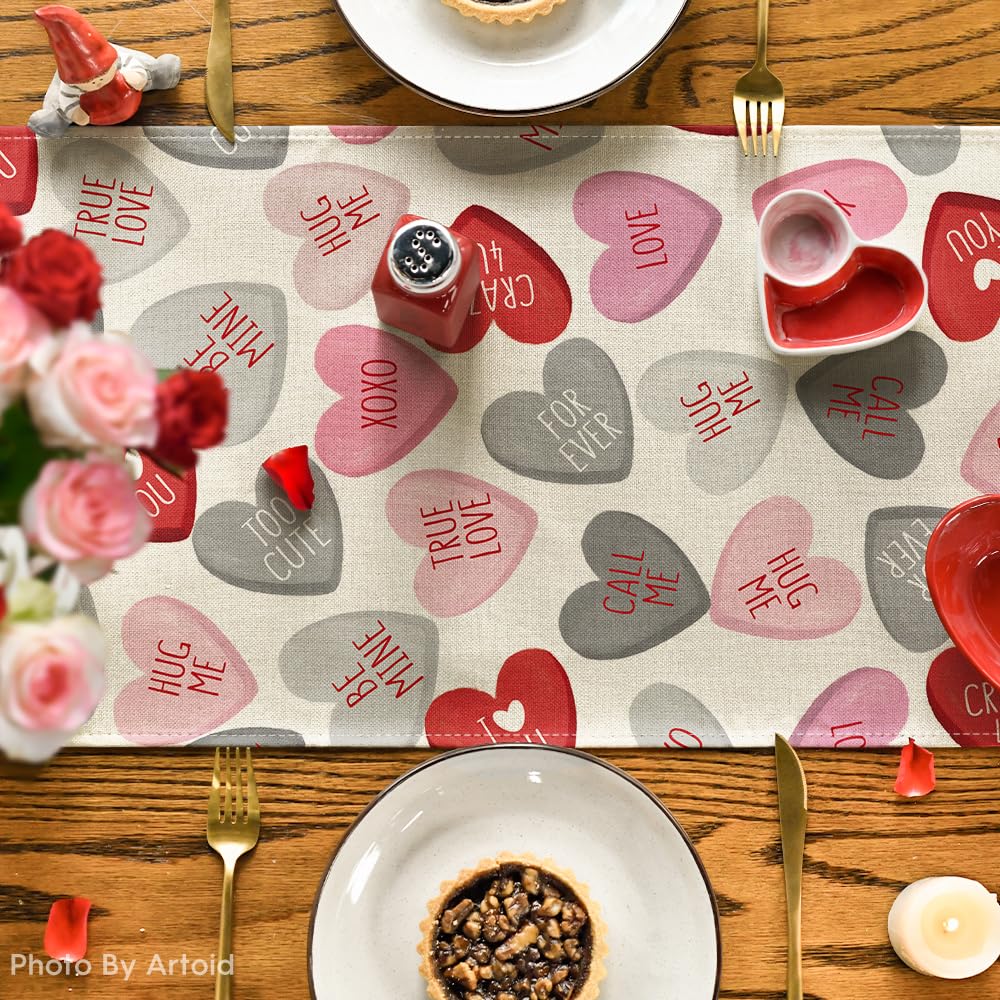 Artoid Mode Ture Love Heart Valentine's Day Table Runner, Seasonal Kitchen Dining Table Decoration for Home Party Decor 13x72 Inch