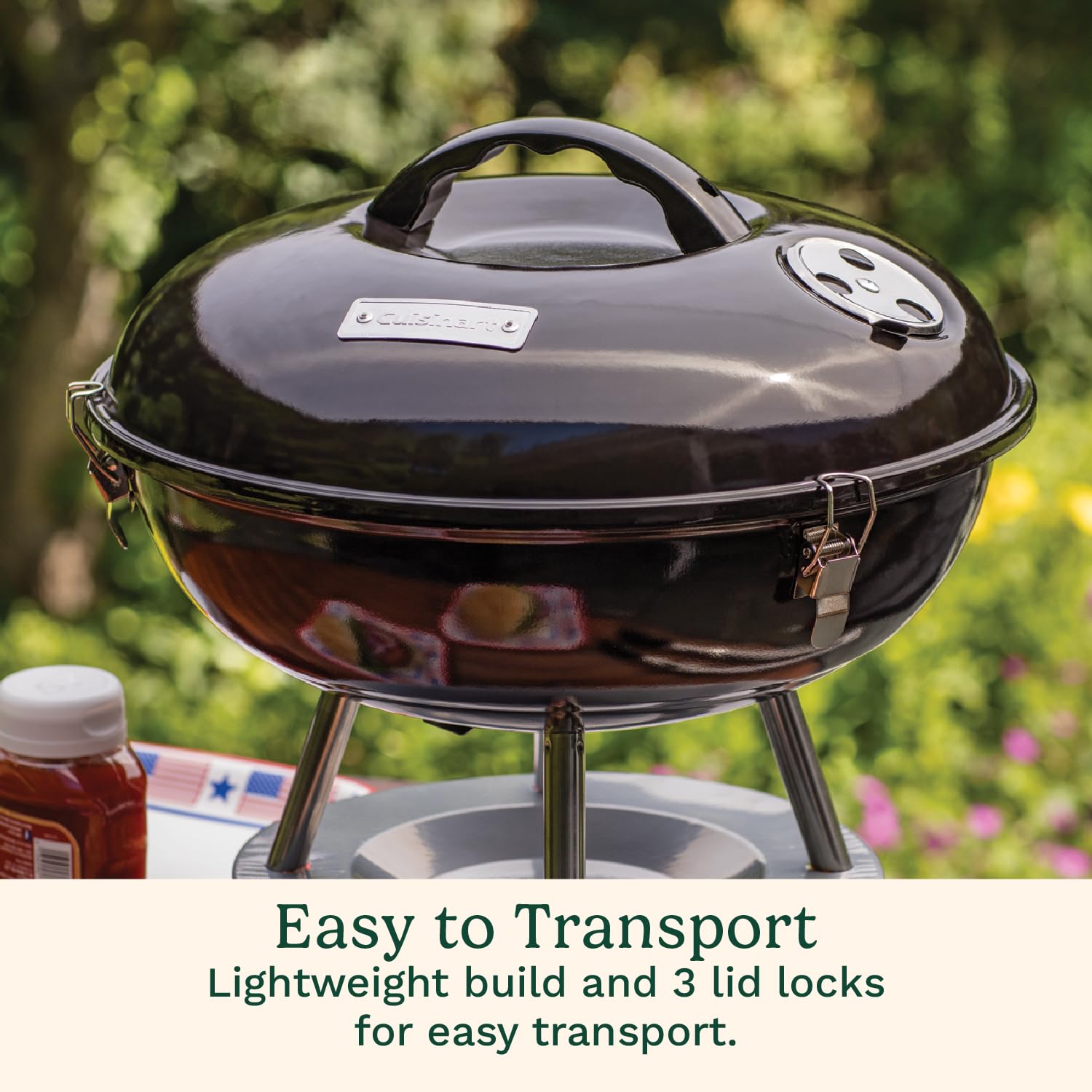 Cuisinart 14" Portable Charcoal Grill, Tabletop Outdoor Small Grill with Locking Lid and Dual Vents, Chrome Plated Travel Size BBQ Perfect for Camping, Tailgates, Cookouts, Red