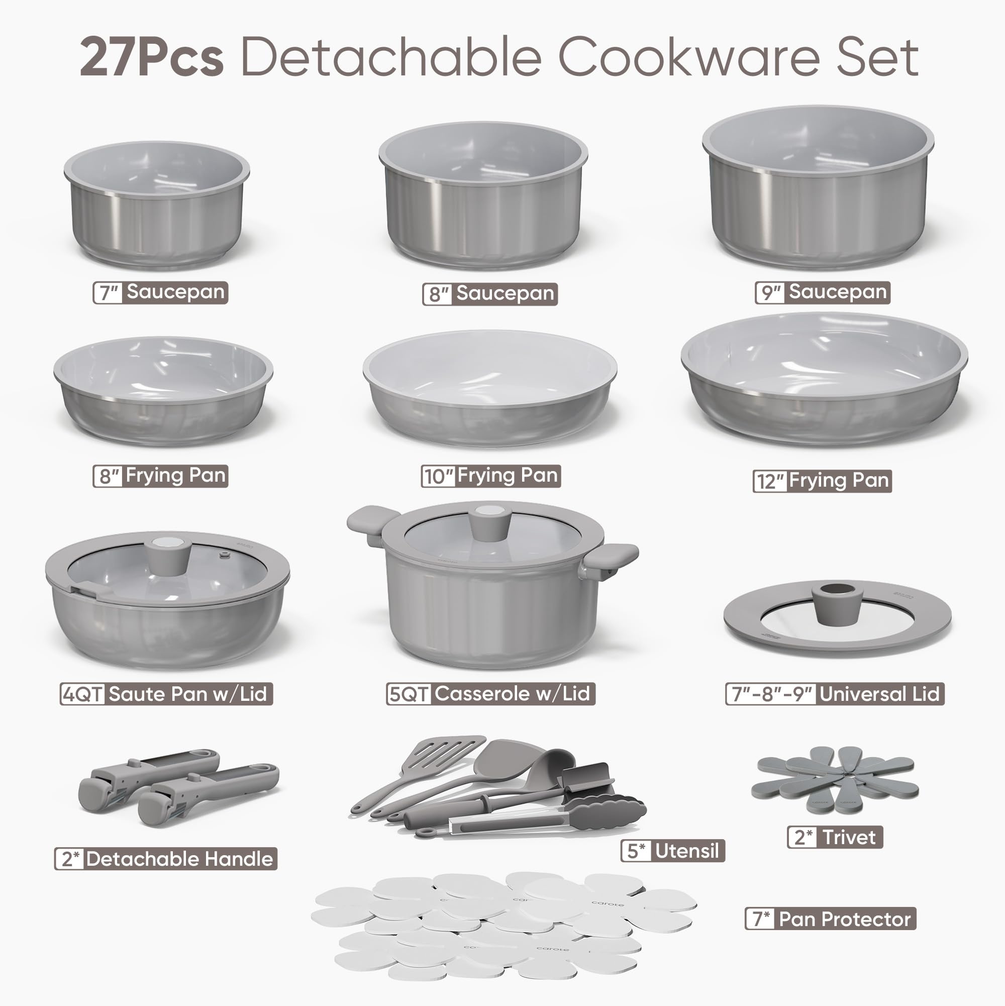 CAROTE 27pcs Ceramic Cookware Set Nonstick, Pots and Pans Set Non Stick, Non Toxic Cookware Detachable Handles, Dishwasher/Oven Safe, RV/Camping Cookware, Pan and Pot with Kitchen Utensils, Navy Blue
