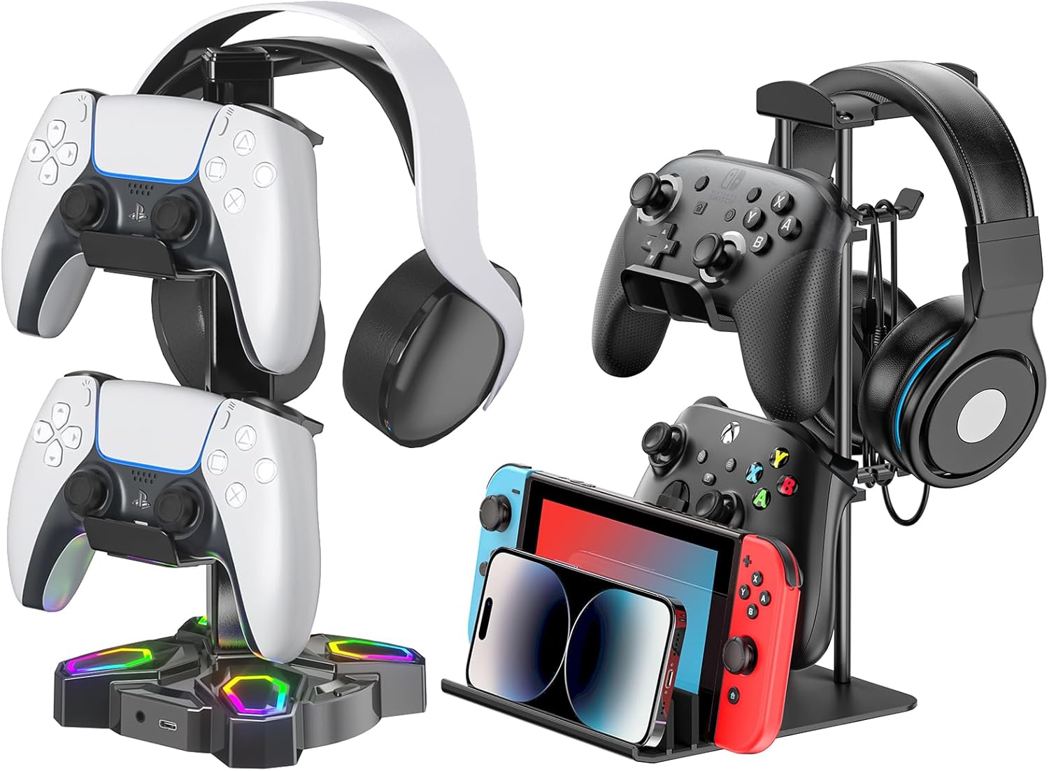 KDD Gaming RGB Headphones Stand & Controller Holder & Headset Holder for Desk - Rotatable Headset Stand with 9 Light Modes