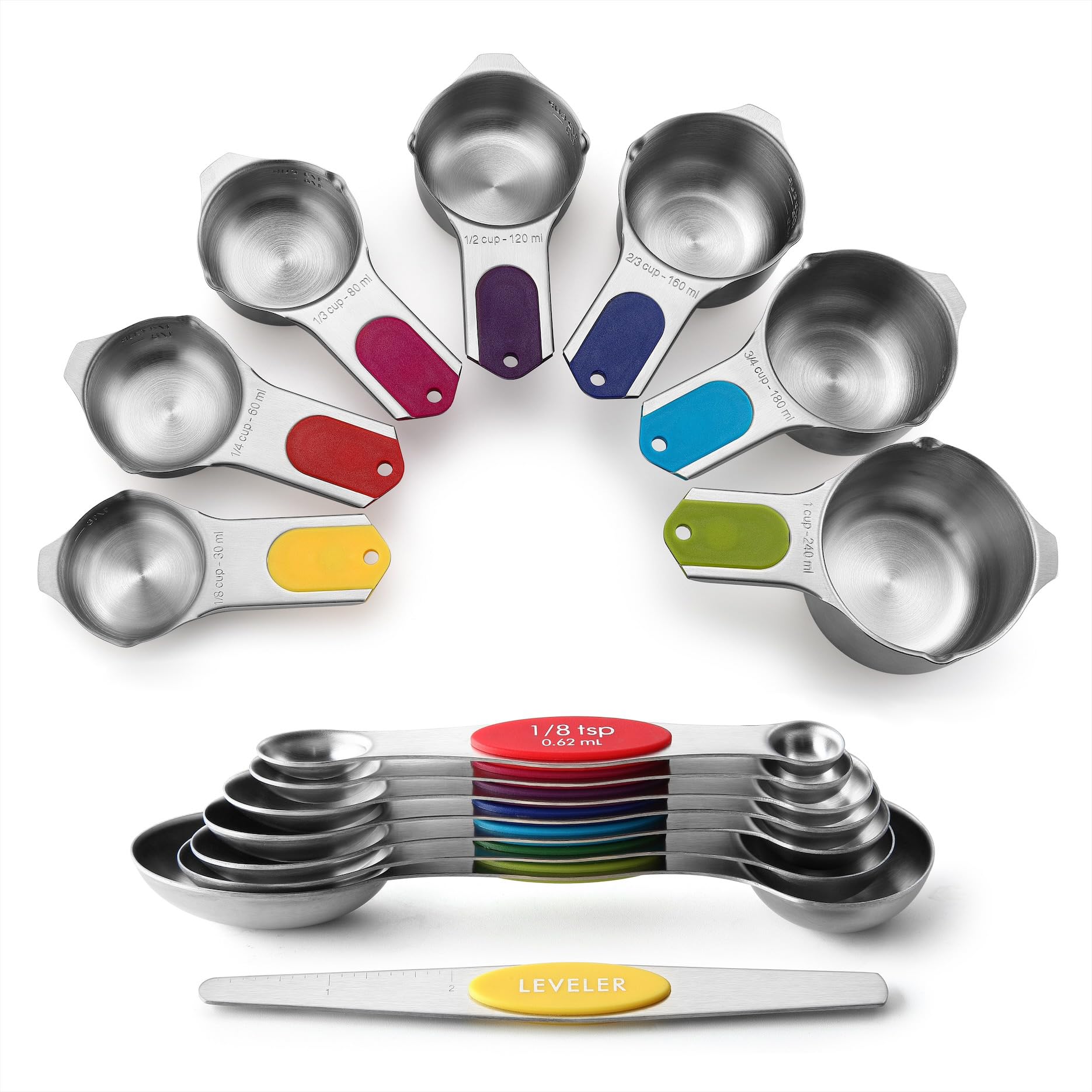 Spring Chef Magnetic Measuring Cups & Spoons Set, Patented, Strong N45 Magnets, Heavy Duty Stainless Steel Fits in Spice Jars for Baking & Cooking, BPA Free, Round Set of 15 with Leveler, Black