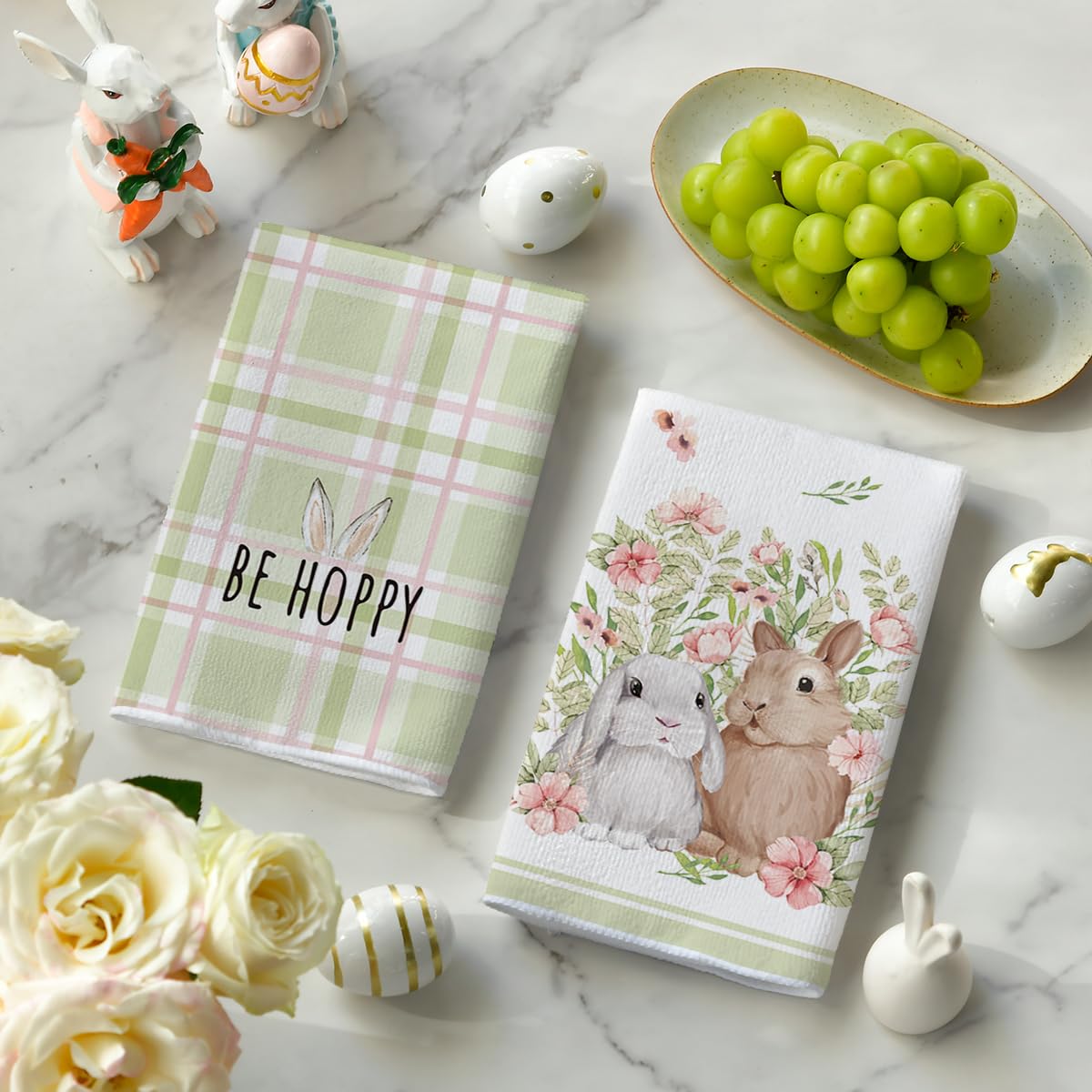 Artoid Mode Pink Bunny Rabbit Ears Floral Leaves Easter Kitchen Towels Dish Towels, 18x26 Inch Be Kind Seasonal Decoration Hand Towels Set of 4