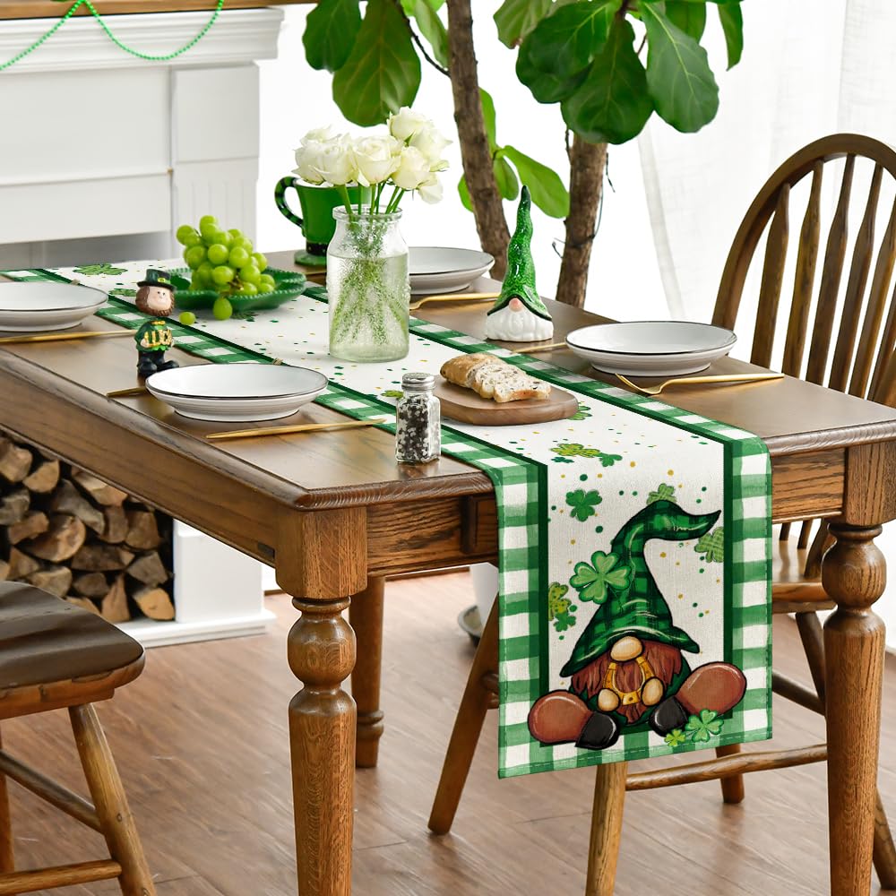 Artoid Mode Buffalo Plaid Shamrock Gnome St. Patrick's Day Table Runner, Seasonal Spring Holiday Kitchen Dining Table Decoration for Indoor Outdoor Home Party Decor 13 x 72 Inch