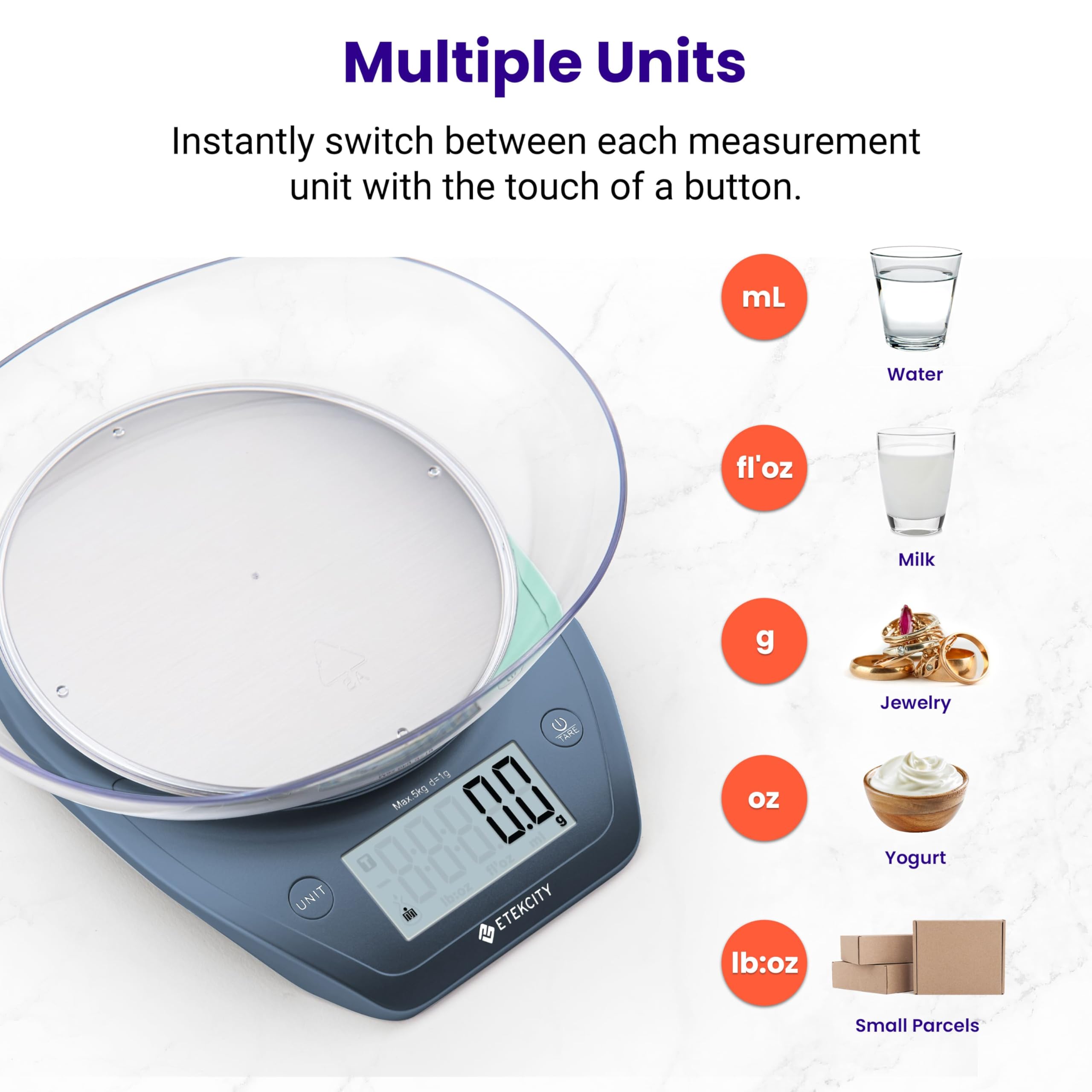 Etekcity 0.1g Food Kitchen Scale, Bowl, Digital Grams and Ounces for Weight Loss, Dieting, Baking, Cooking, and Meal Prep, 11lb/5kg, Stainless Steel Silver