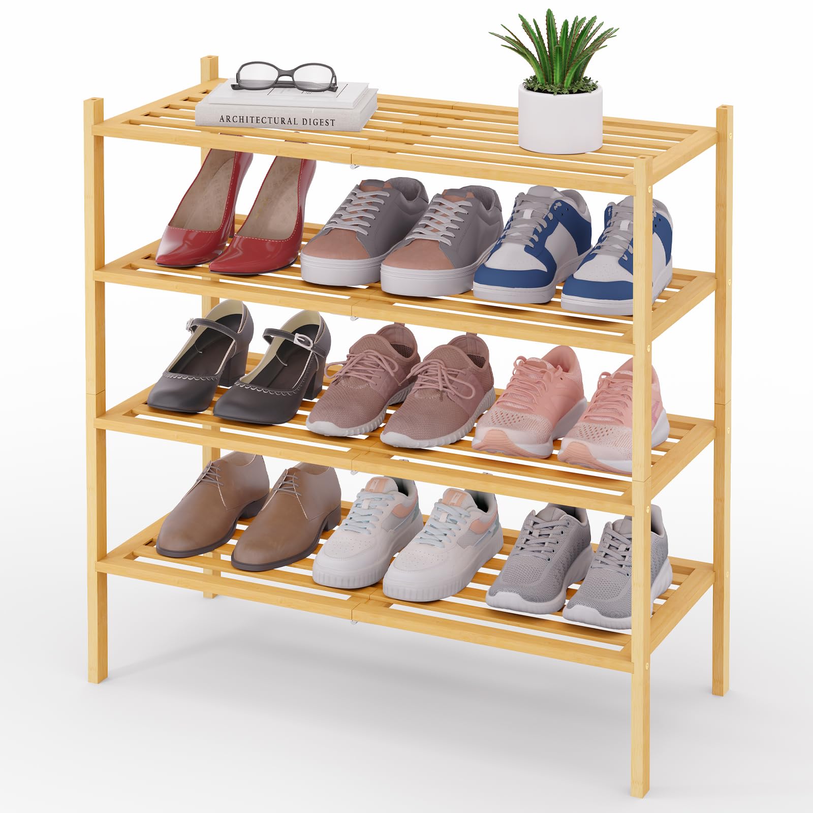 Smiry Bamboo Shoe Rack 3-Tier, Stackable Wooden Shoe Organizer for Entryway & Closet, Free Standing Wood Shoe Storage Shelf for Front Door & Small Spaces, Natural