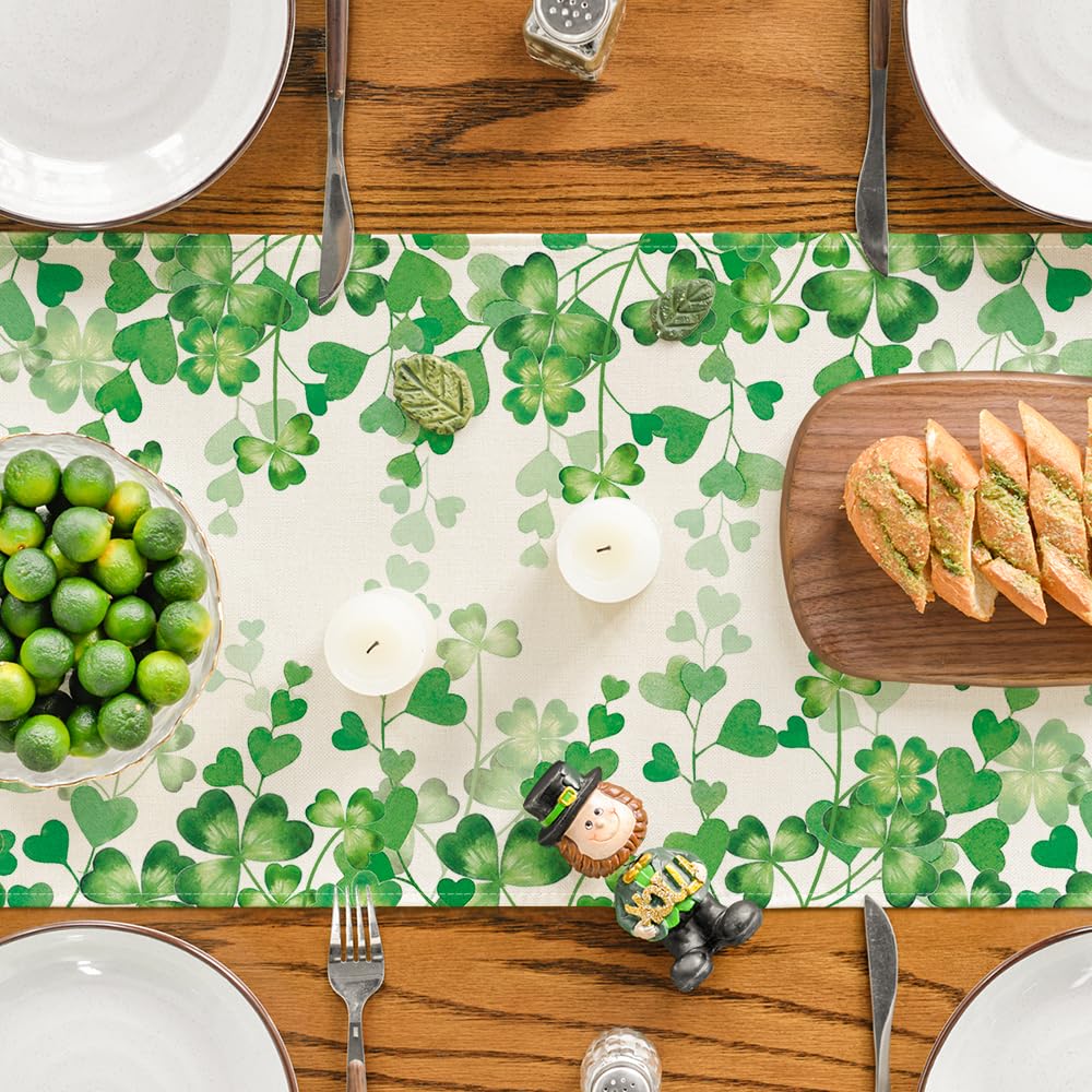 Artoid Mode Shamrock Love Heart 210 GSM St. Patrick's Day Table Runner, Seasonal Spring Kitchen Dining Table Decoration for Home Party Decor 13x72 Inch