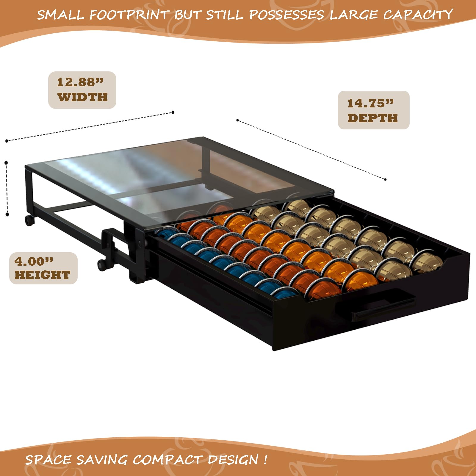 Vertuo Pod Holder Drawer with Deluxe Black Tempered Glass Top, Compatible for Nespresso VertuoLine Pods, Holds up to 75 Small or 50 Big Vertuo Pods Compact Design (Piano Black Nespresso Pods Holder)