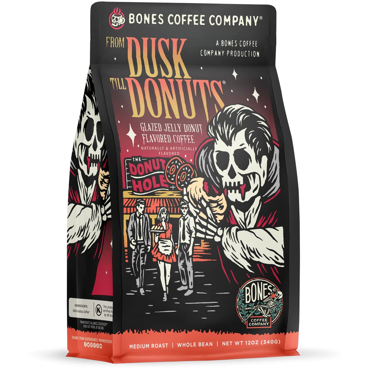 Bones Coffee Company Salty Siren, Sea Salted Caramel Chocolate Flavored Coffee, Medium Roast Low Acid Arabica Beans Compatible with Auto drip and French Press Coffee Maker, 12 Oz Whole Bean