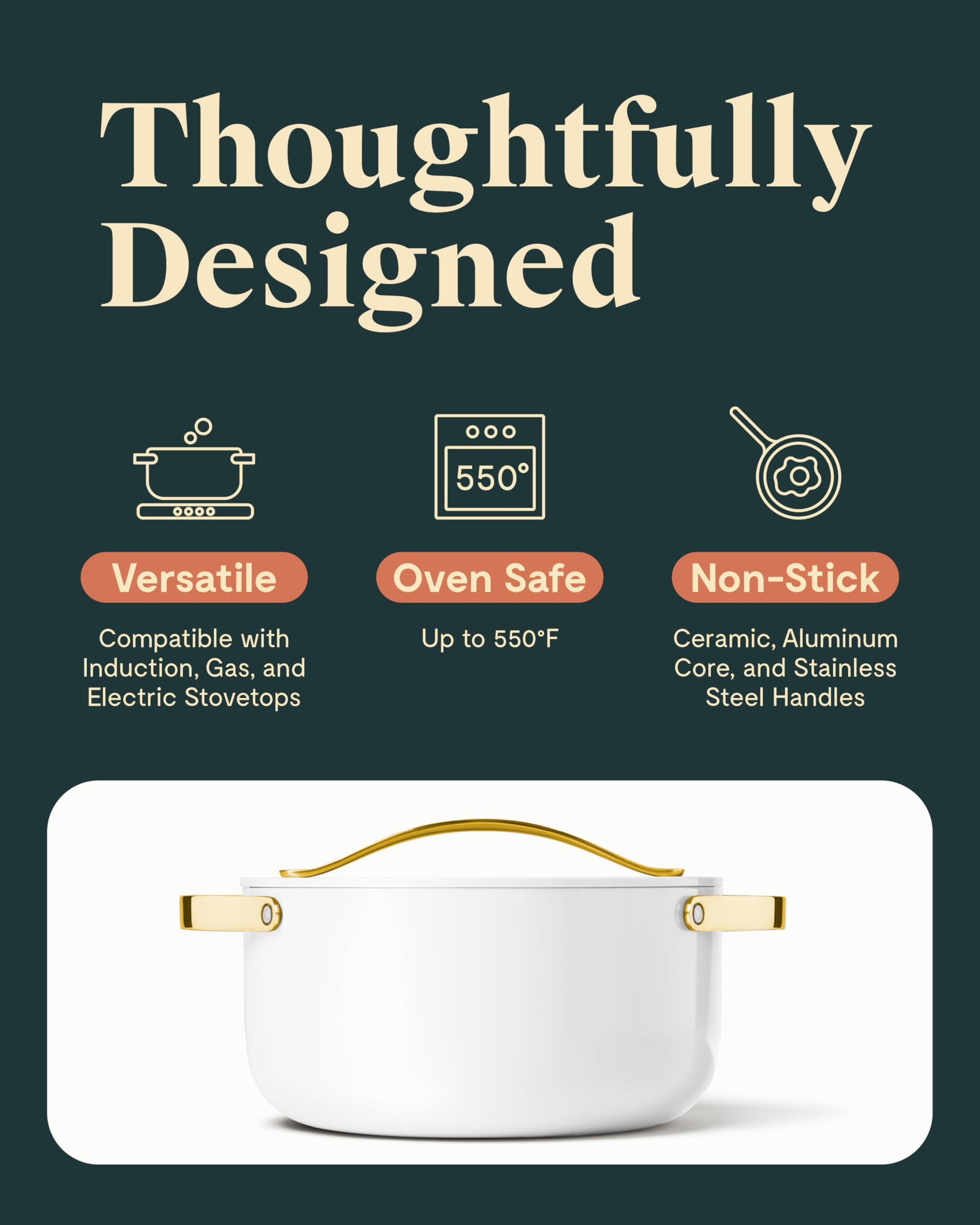 Caraway Dutch Oven Pot with Lid (6.5 qt, 10.5") - Non-Stick Ceramic Coating - Free From Forever Chemicals - Oven Safe & Stovetop Agnostic - Cream