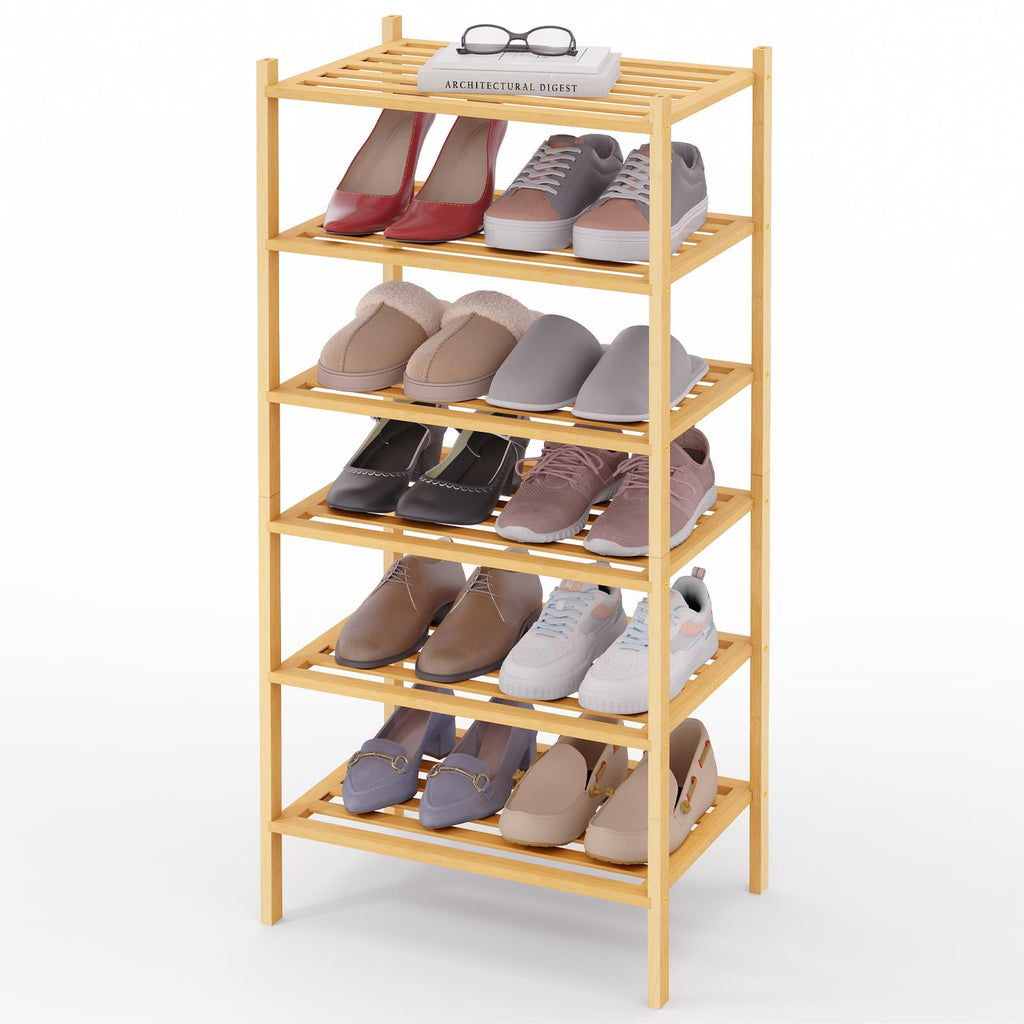 Smiry Bamboo Shoe Rack 3-Tier, Stackable Wooden Shoe Organizer for Entryway & Closet, Free Standing Wood Shoe Storage Shelf for Front Door & Small Spaces, Natural