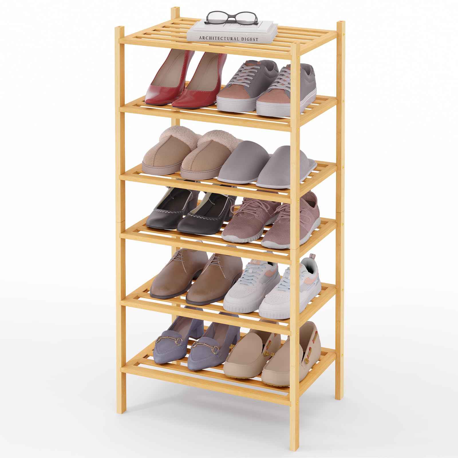 Smiry Bamboo Shoe Rack 3-Tier, Stackable Wooden Shoe Organizer for Entryway & Closet, Free Standing Wood Shoe Storage Shelf for Front Door & Small Spaces, Natural