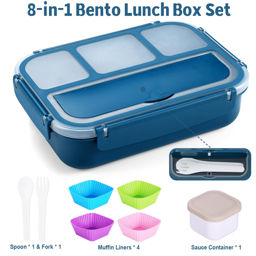 Bento Box Adult Lunch Box, Containers for Adults Men Women with 4 Compartments, Lunchable Food Container with Utensils, Sauce Jar, Muffin Liners, 40 Oz/5 Cup, Microwave & Dishwasher Safe, Brown