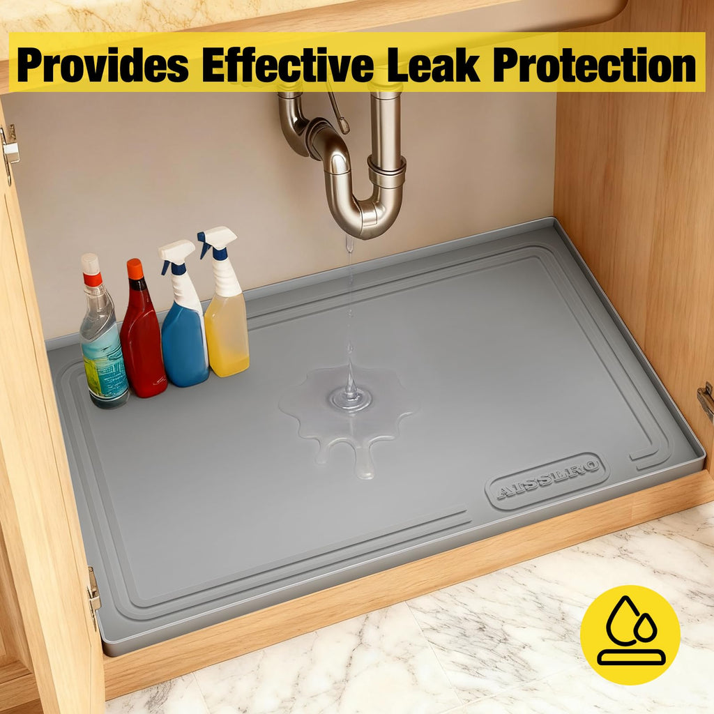 Aisslro Under Sink Mat 22" X 19", Waterproof Silicone Cabinet Protector with Raised Edge, Kitchen & Bathroom Leak Tray, Shelf Liner & Pet Feeding Mat for Dog Cat Food Mats, Light Gray