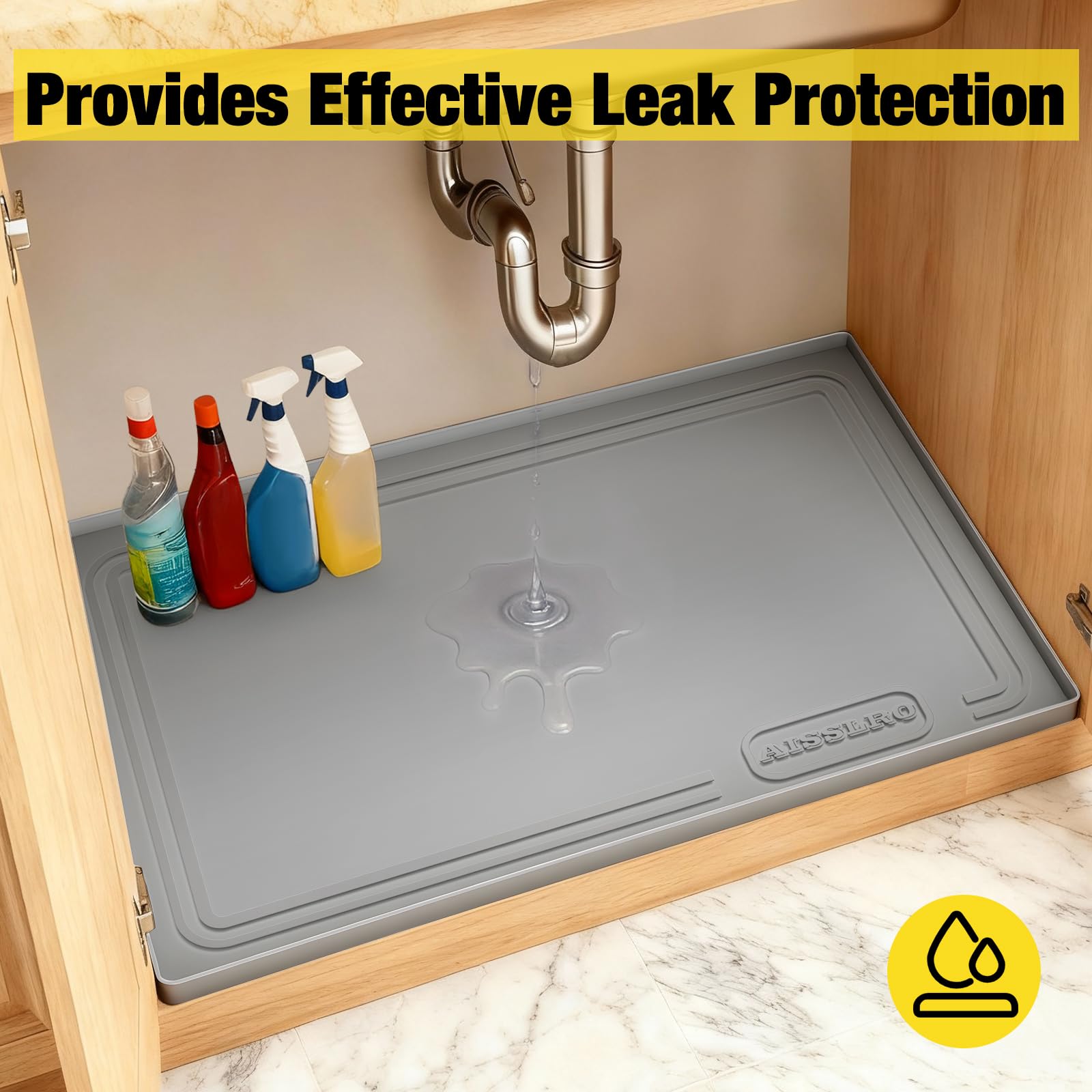 Aisslro Under Sink Mat 22" X 19", Waterproof Silicone Cabinet Protector with Raised Edge, Kitchen & Bathroom Leak Tray, Shelf Liner & Pet Feeding Mat for Dog Cat Food Mats, Light Gray