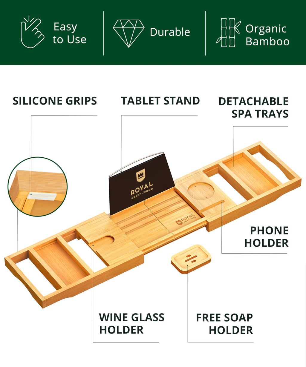 ROYAL CRAFT WOOD Premium Foldable Bathtub Tray Caddy - Wood Bath Tray for Tub, Bamboo Shelf, Expandable Bath Table Trays, Bathtub & Bathroom Accessories for New Home & Mothers, Birthday Gifts for Mom