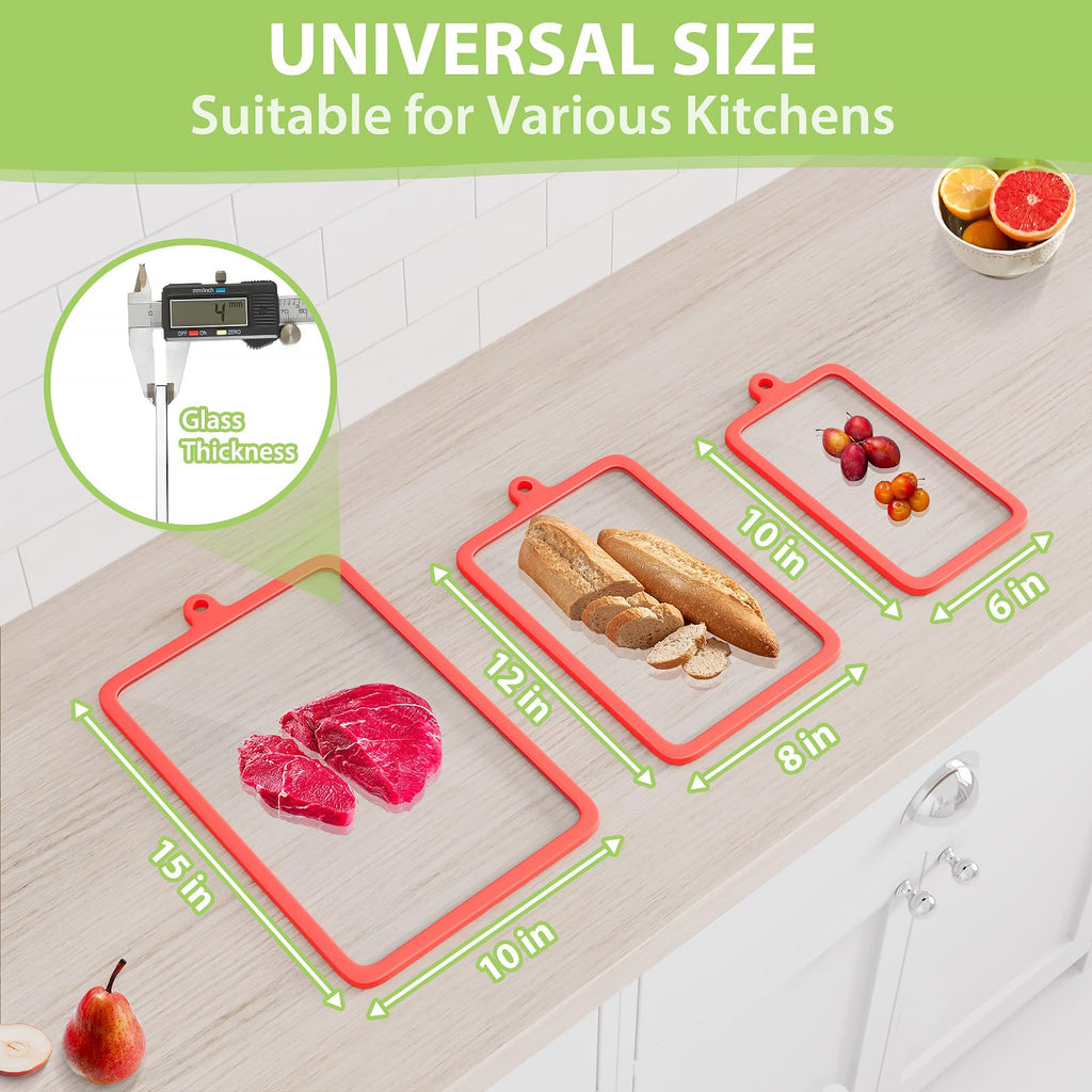 Freshmage 2Pcs Tempered Glass Cutting Boards for Kitchen, Glass Cutting Board Set (15"x10" & 12"x8") with Non-Slip Silicone Edges and Hanging Hole, Clear Cutting Board for Countertop & Chopping