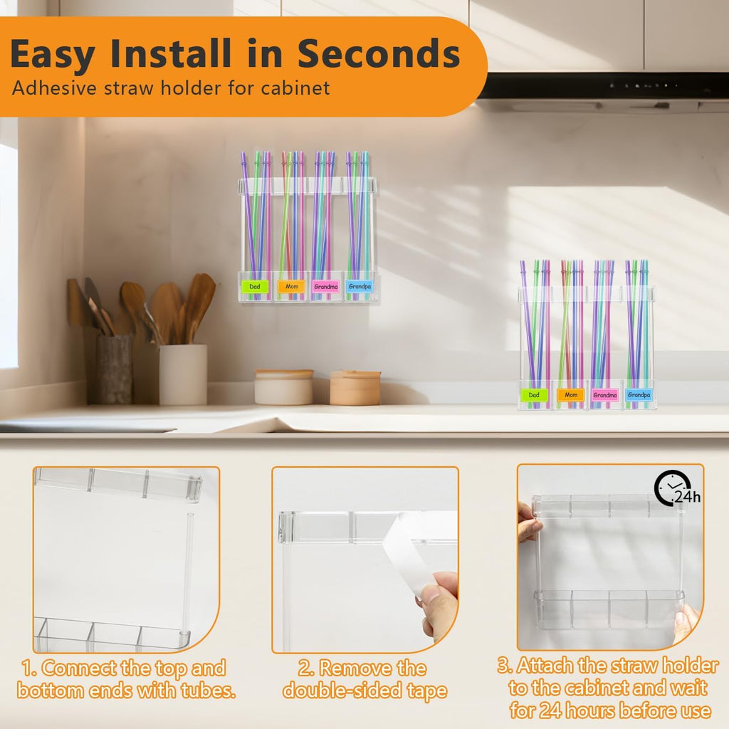 2 PACK Acrylic Straw Holder for Cabinet Door - Reusable Tumbler Straw Organizer Storage Dispenser with Ultra Sticky Adhesive Strips, Small Kitchen Accessories Container for Kitchen Cupboard Door
