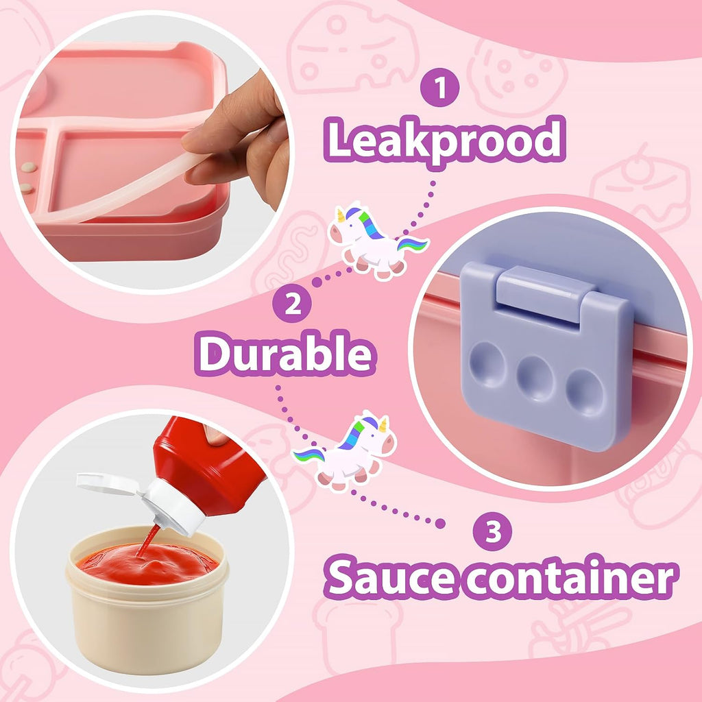 Freshmage 2 Pack Plastic Double-Layer Bento Box Container with 3 Compartments (Bule, Pink)