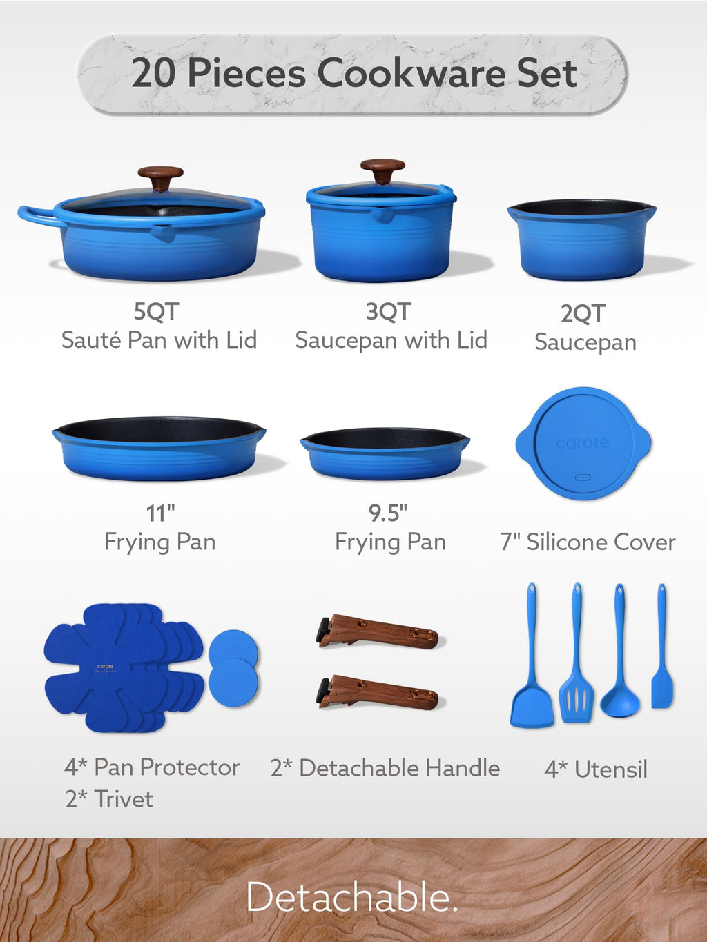 CAROTE 20Pcs Titanium Cookware Set, Pots and Pans Set Non Stick, Kitchen Cooking Set with Detachable Handle, Non Toxic Induction Cookware - Camping Cookware, Dishwasher/Oven Safe, Red