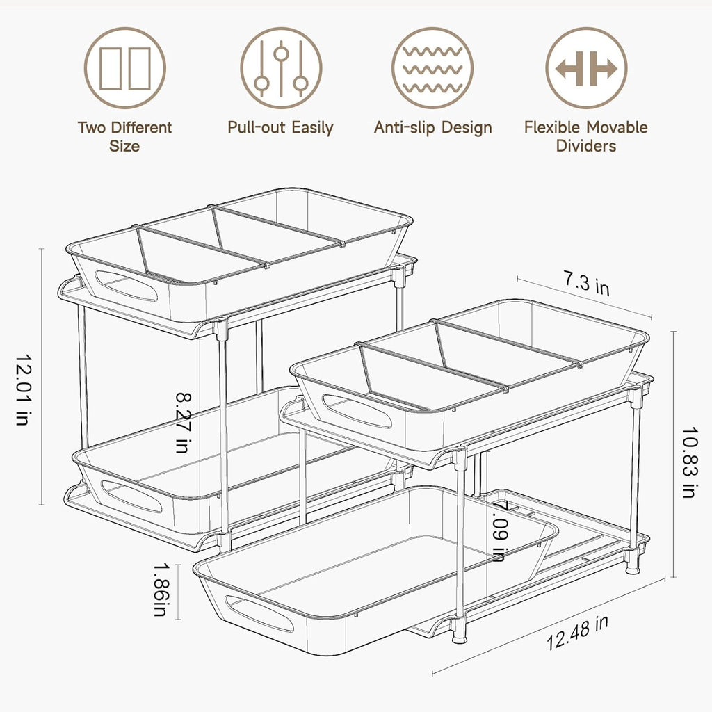 2 Pack Bathroom Cabinet Organizer, 2 Tier Clear Under Sink Organizers and Storage Medicine Cabinet Organizer with Dividers, Pull Out Kitchen Pantry Shelf Cupboard Closet Vanity Organization Bins