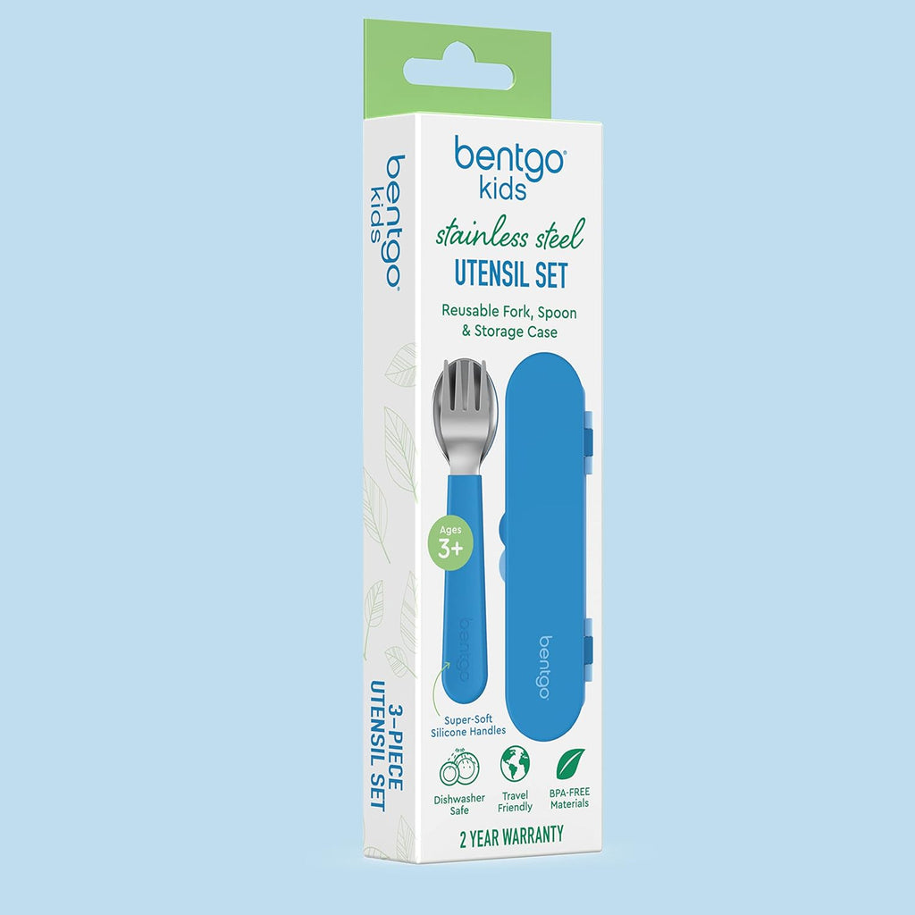 Bentgo® Kids Stainless Steel Utensil Set - Reusable Fork, Spoon & Storage Case - High-Grade BPA-Free Stainless Steel, Easy-Grip Handles, Dishwasher Safe for School Lunch, Travel & Outdoors (Blue)