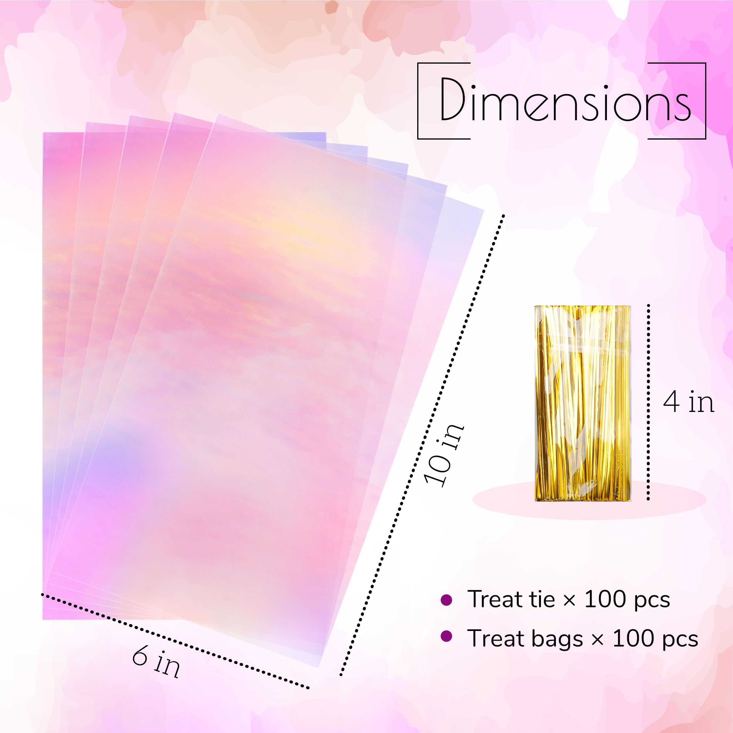 NPLUX Cellophane Treat Bags,Plastic Iridescent Party Favor Bags Clear Candy Bags with Twist Ties for Gift, Cookies, Snacks(100PACK, 6x10inch)