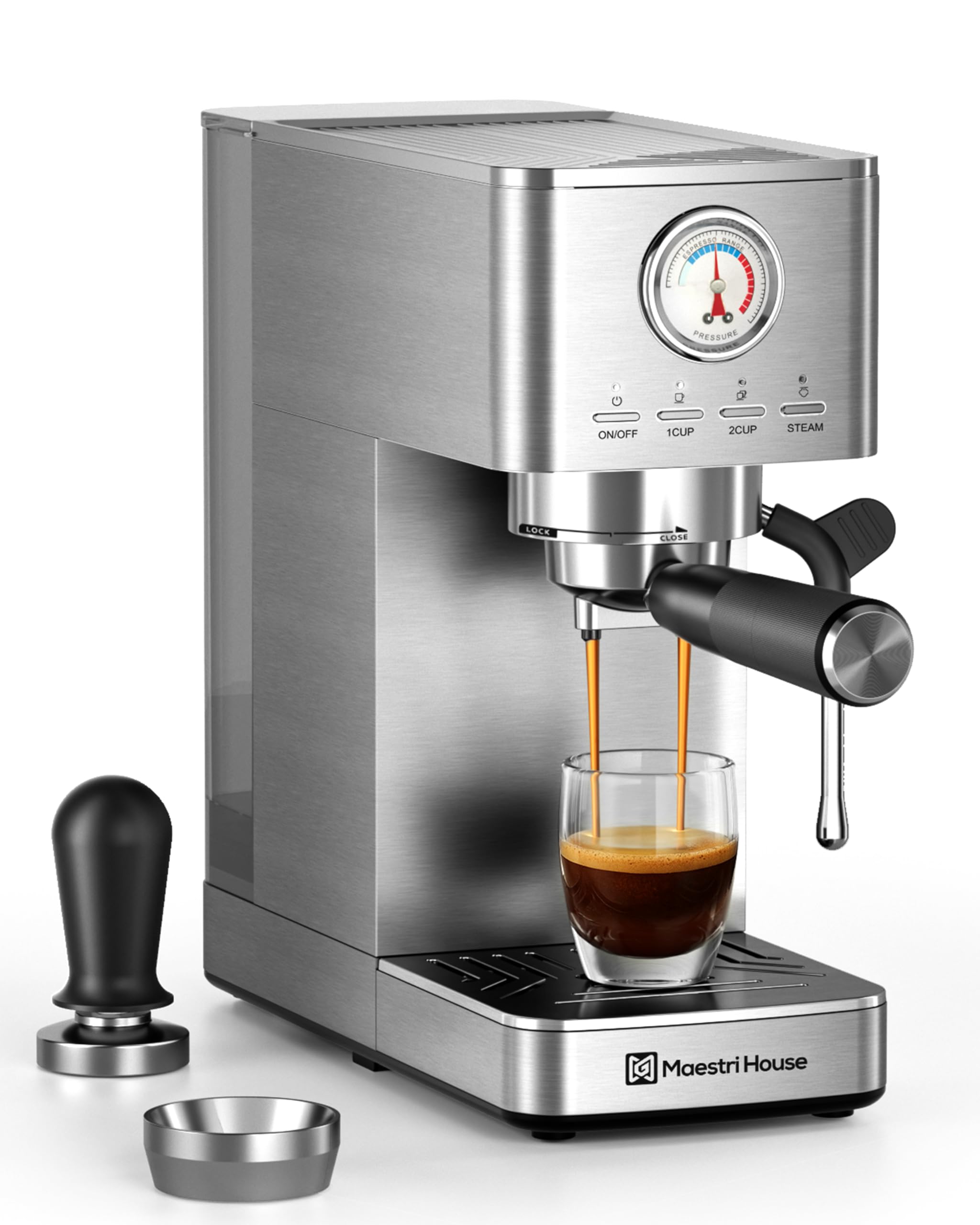 Maestri House Espresso Machine, 20 Bar ULKA Pump, Compact Espresso Maker Built-in Flow Meter Steam Milk Frother, Stainless Steel Coffee Machine for Cappuccino, Latte (Black)