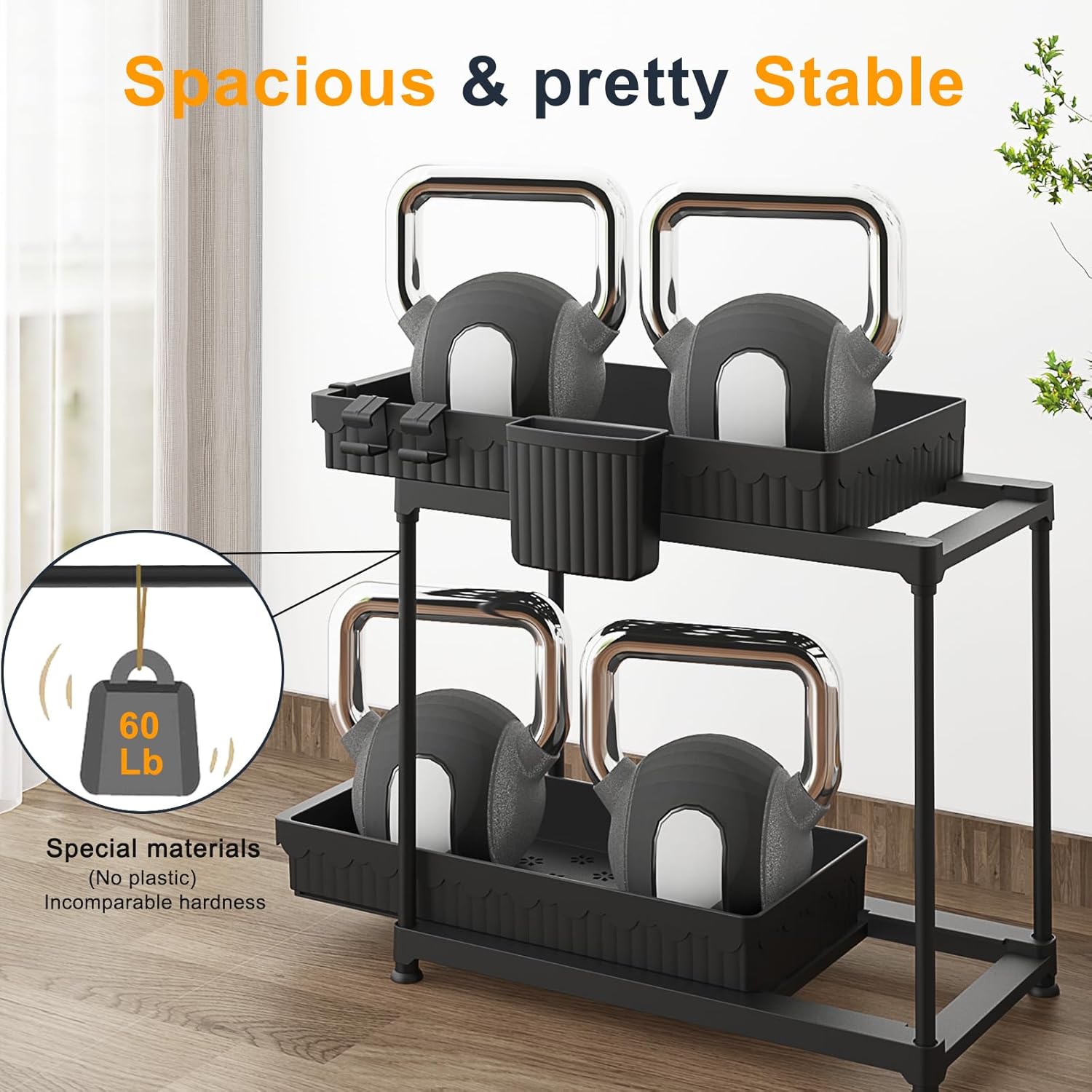2 Pack Double Sliding Under Sink Organizers and Storage, 2 Tier Under Bathroom Cabinet Shelf Organizer with Hooks Hanging Cup, Home Organization, Black