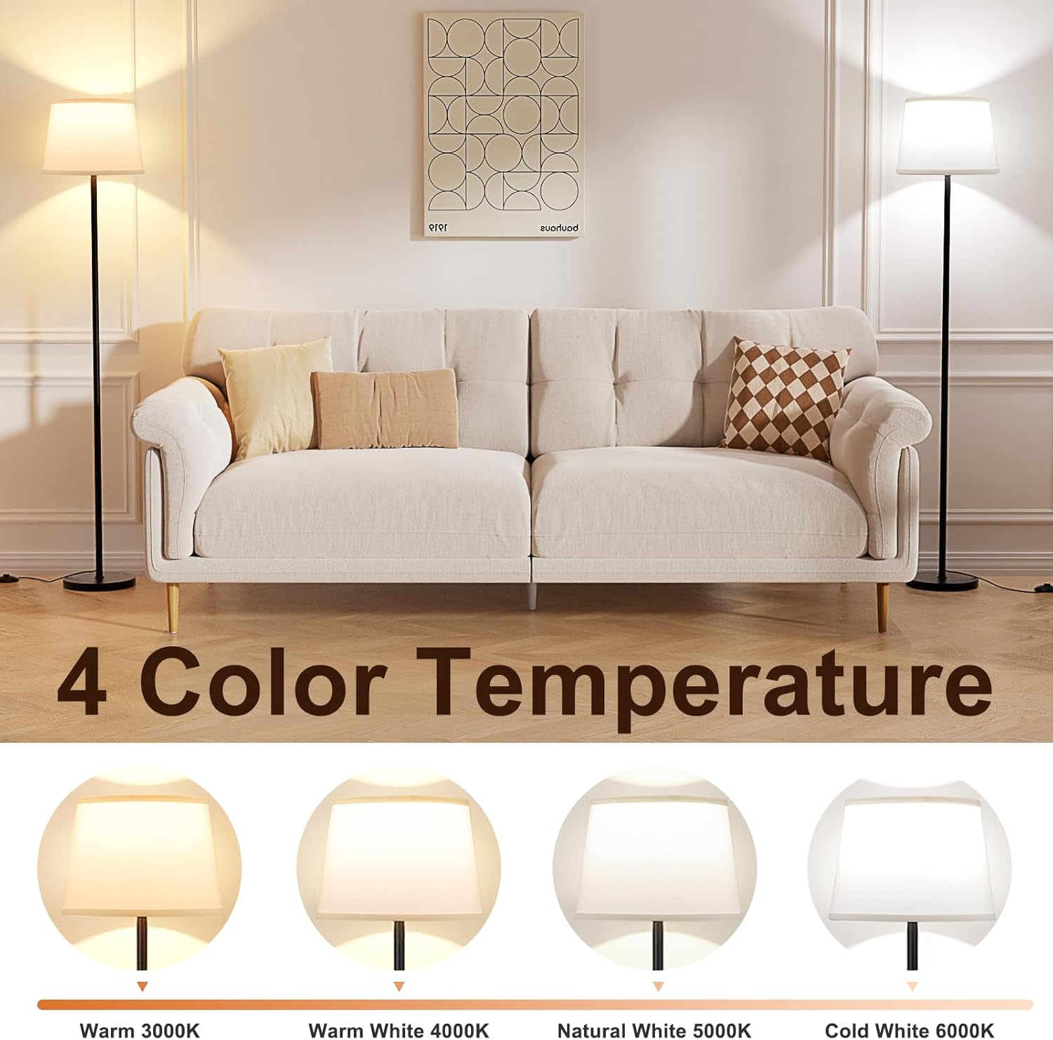 Upgraded Floor Lamps for Living Room White Shade and Beige Shade, Modern Floor Lamp with Remote Control, Dimmable Colors Temperature Standing Lamp Tall Lamps for Bedroom Office Kid Room(9W Bulb)