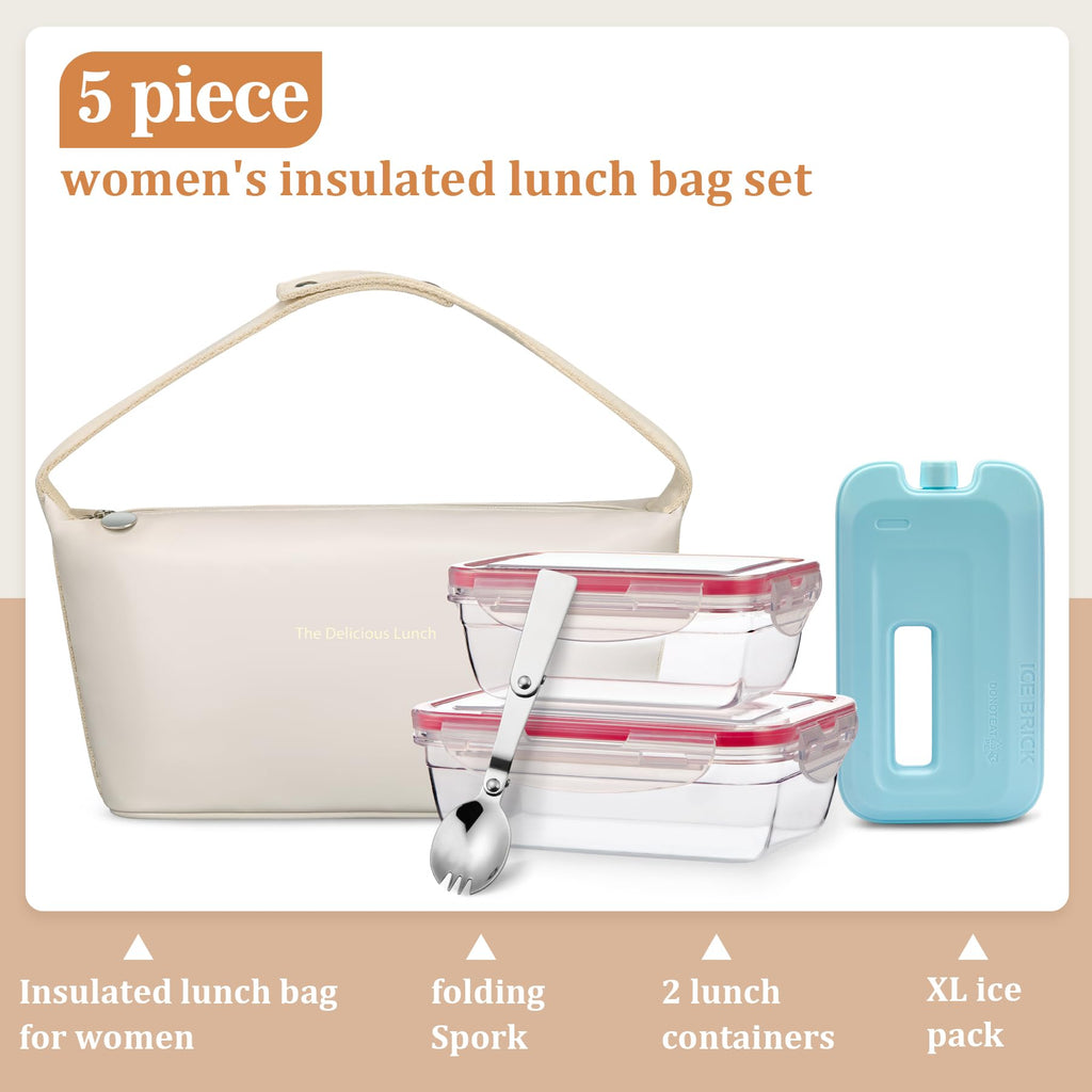 Lunch Bag Set For Women Insulated Leather Woman Lunch Bag With 2 Lunch Box Containers Spoon and Ice Pack Leakproof Reusable High Capacity Lunch Tote Bags for Work, Travel, Outdoor