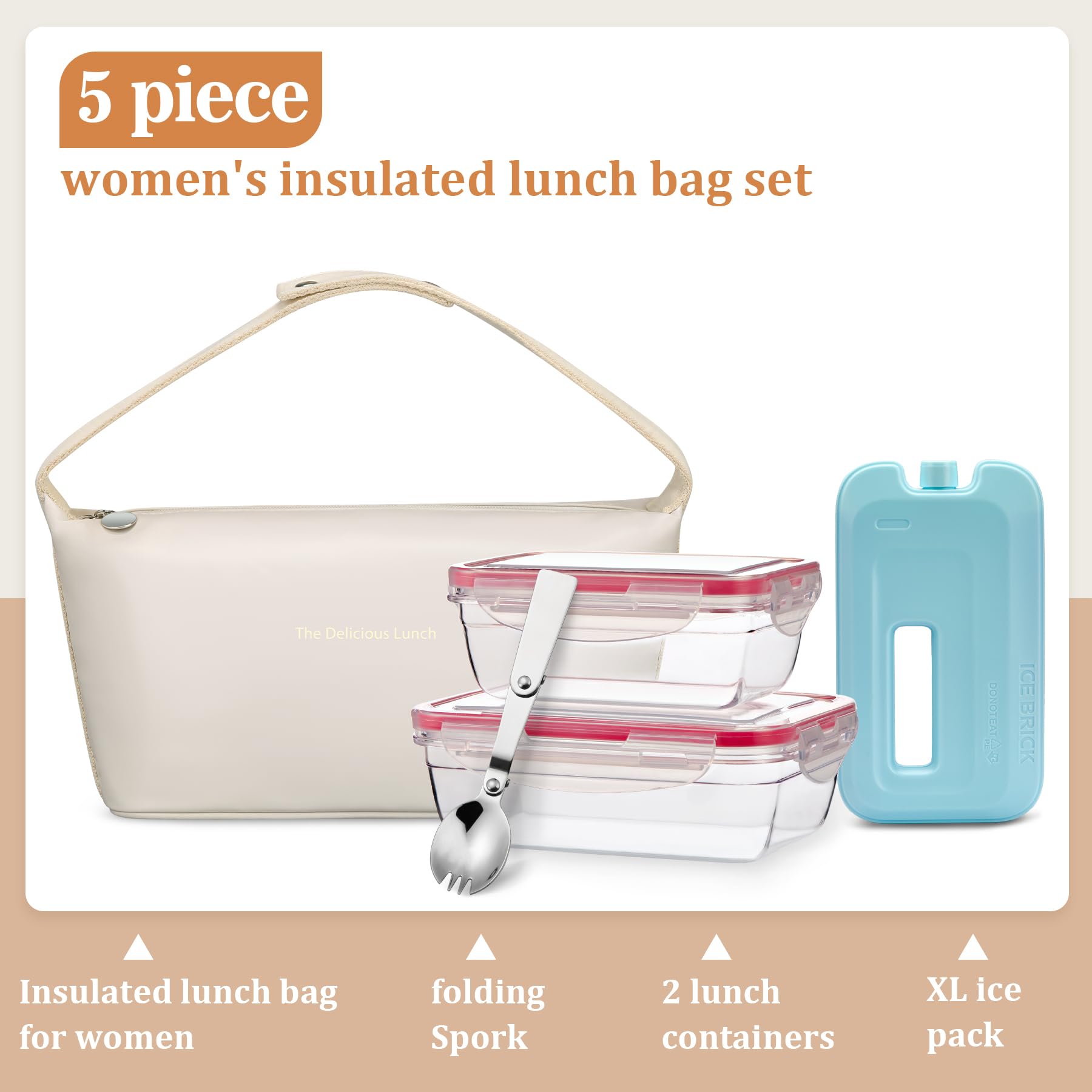 Lunch Bag Set For Women Insulated Leather Woman Lunch Bag With 2 Lunch Box Containers Spoon and Ice Pack Leakproof Reusable High Capacity Lunch Tote Bags for Work, Travel, Outdoor