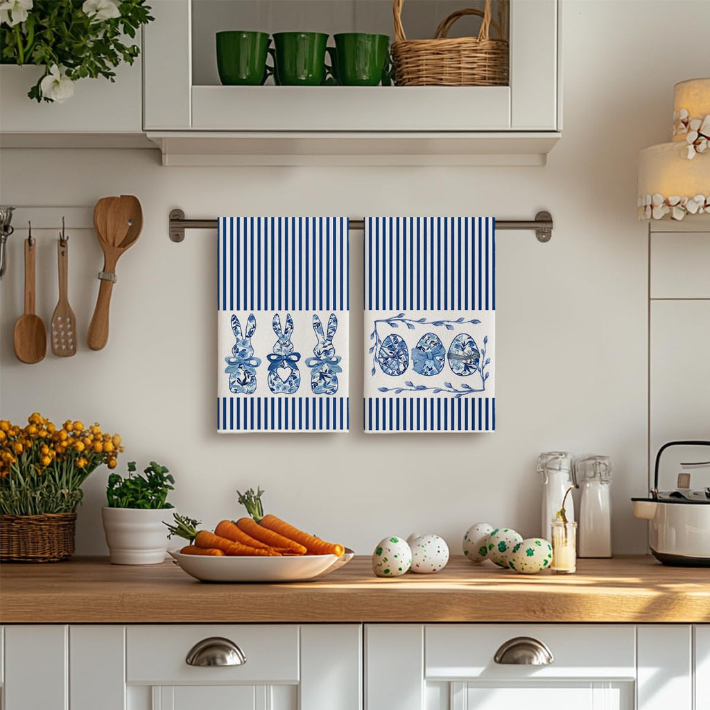 Artoid Mode Stripe Rabbit Bunny Eggs Easter Kitchen Towels Dish Towels, 18x26 Inch Spring Decoration Hand Towels Set of 2